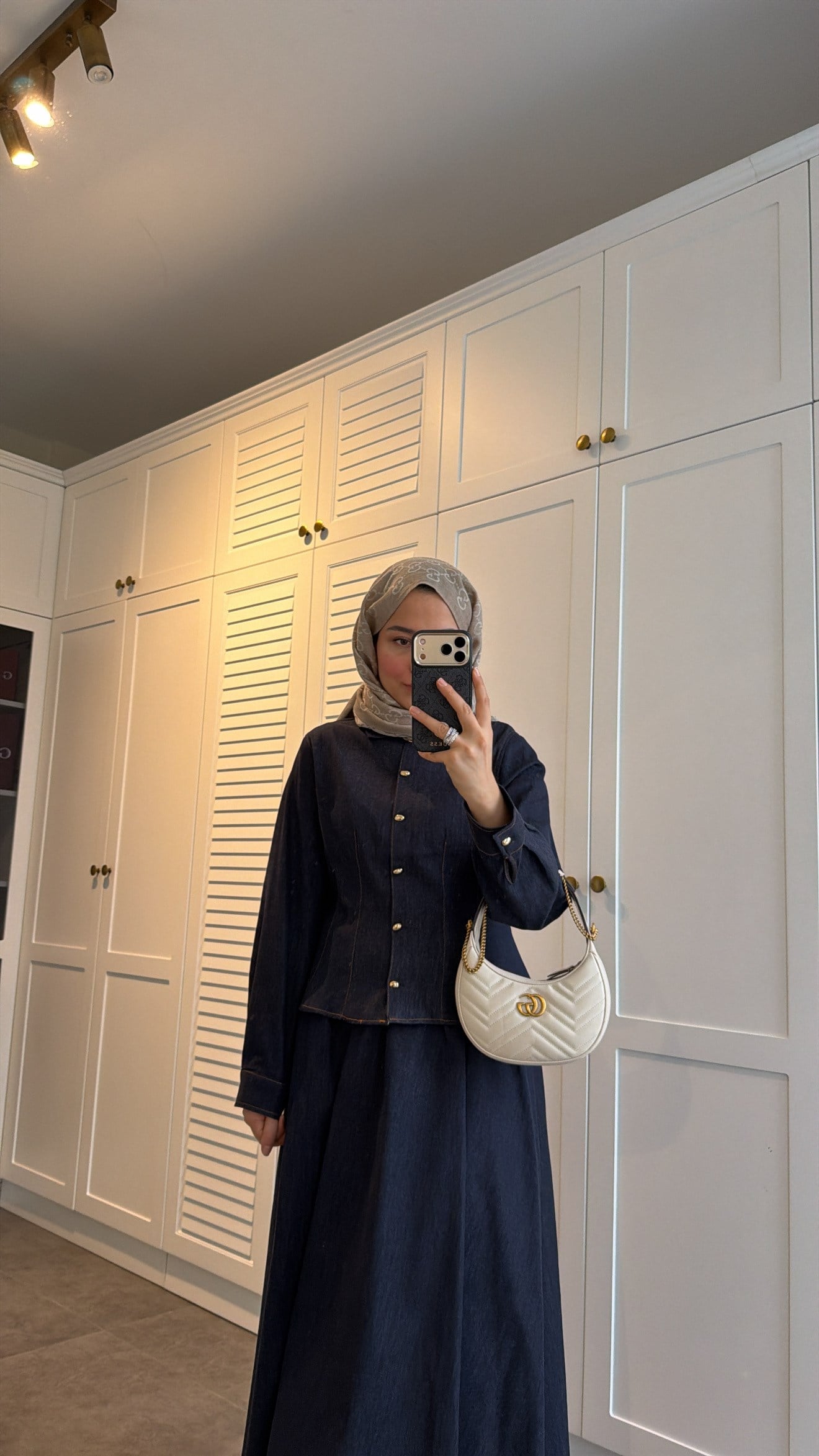 Gold Düğmeli Denim Etek Takım Lacivert