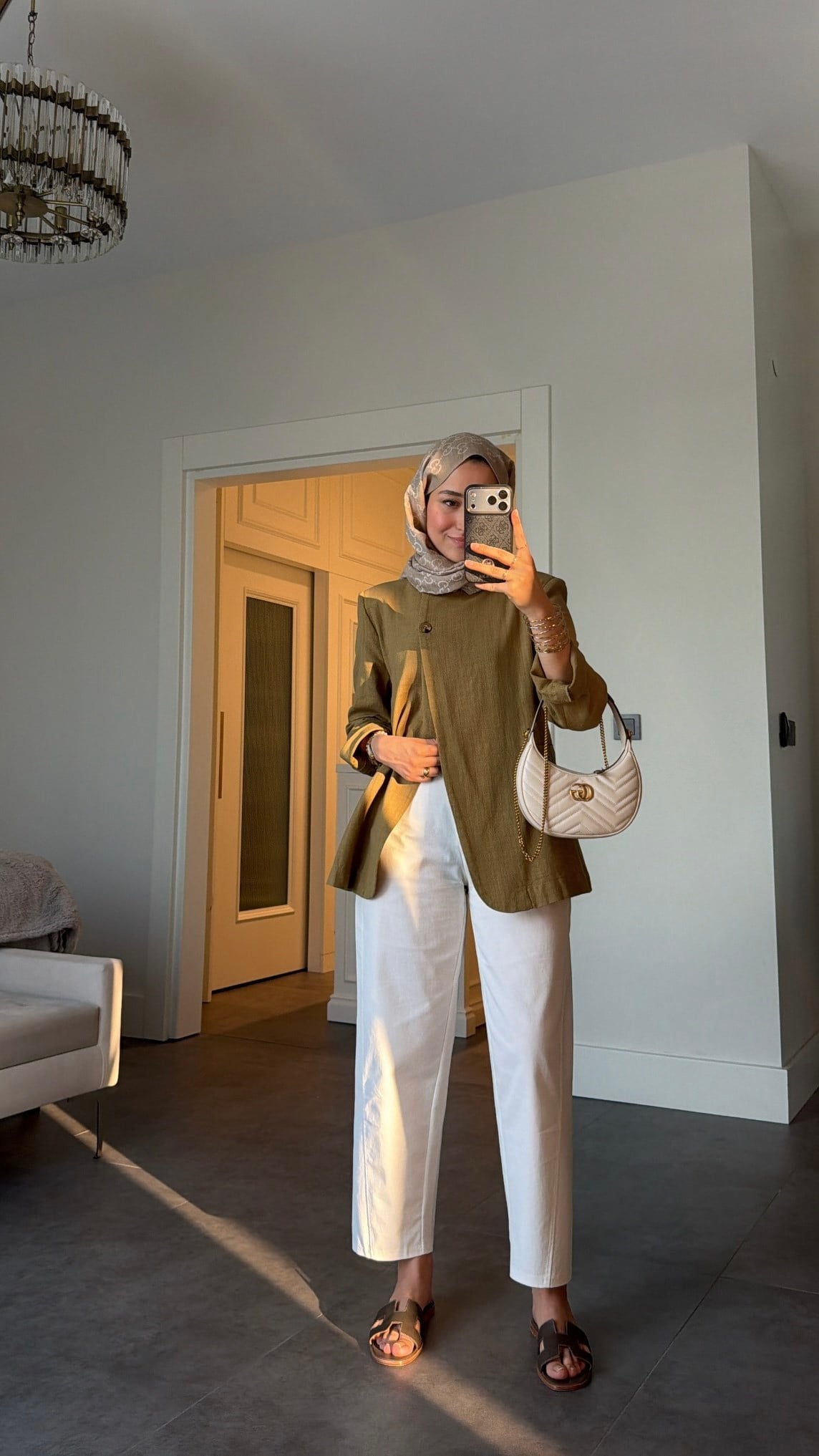 Keten Düğmeli Dik Yaka Ceket Haki