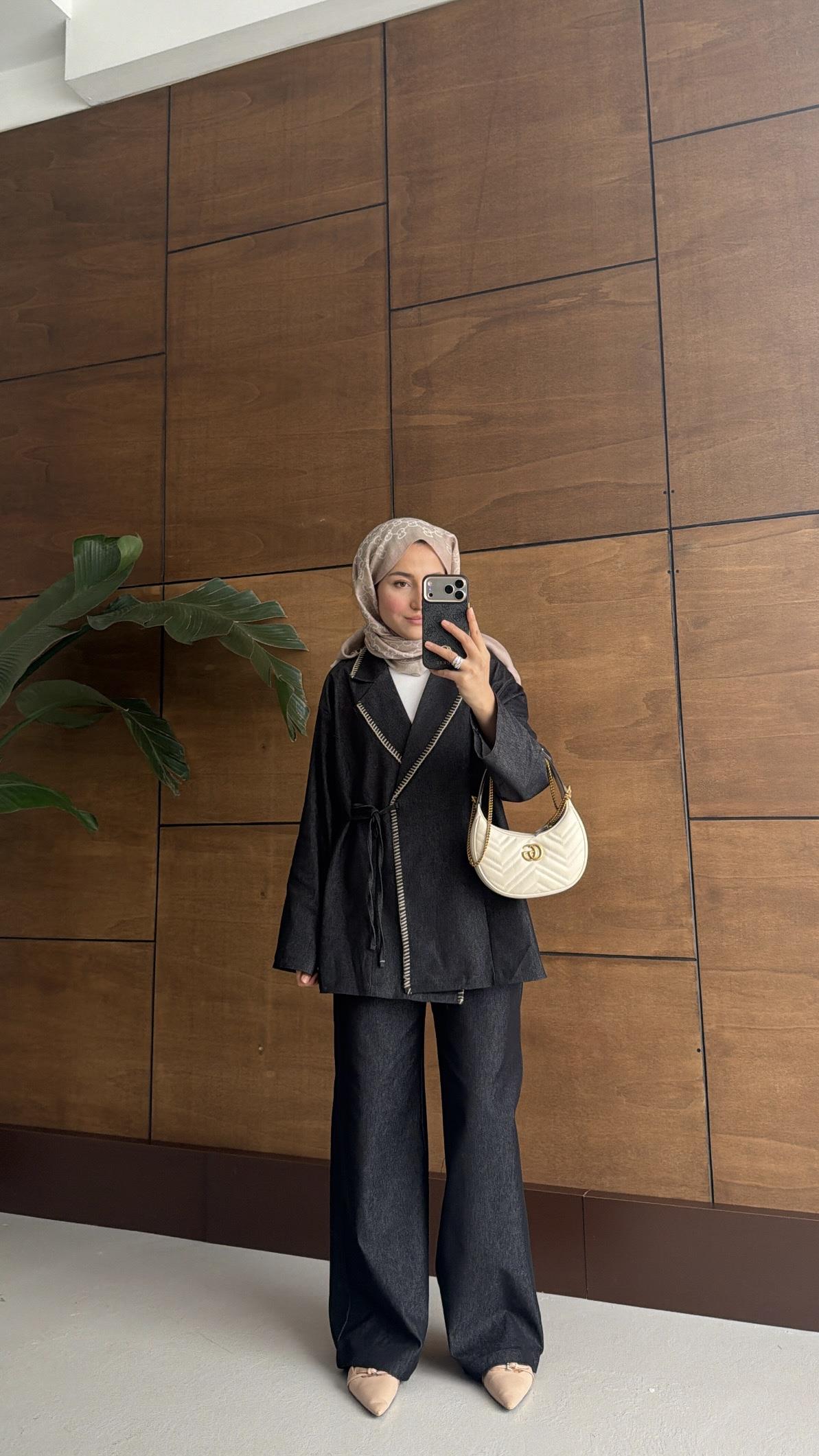 Kroşeta Dikişli Denim Takım Antrasit
