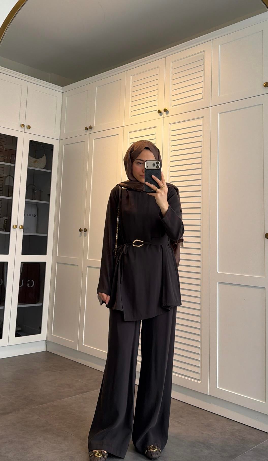 Lina Broş Kemer Detaylı Modal Takım Kahve