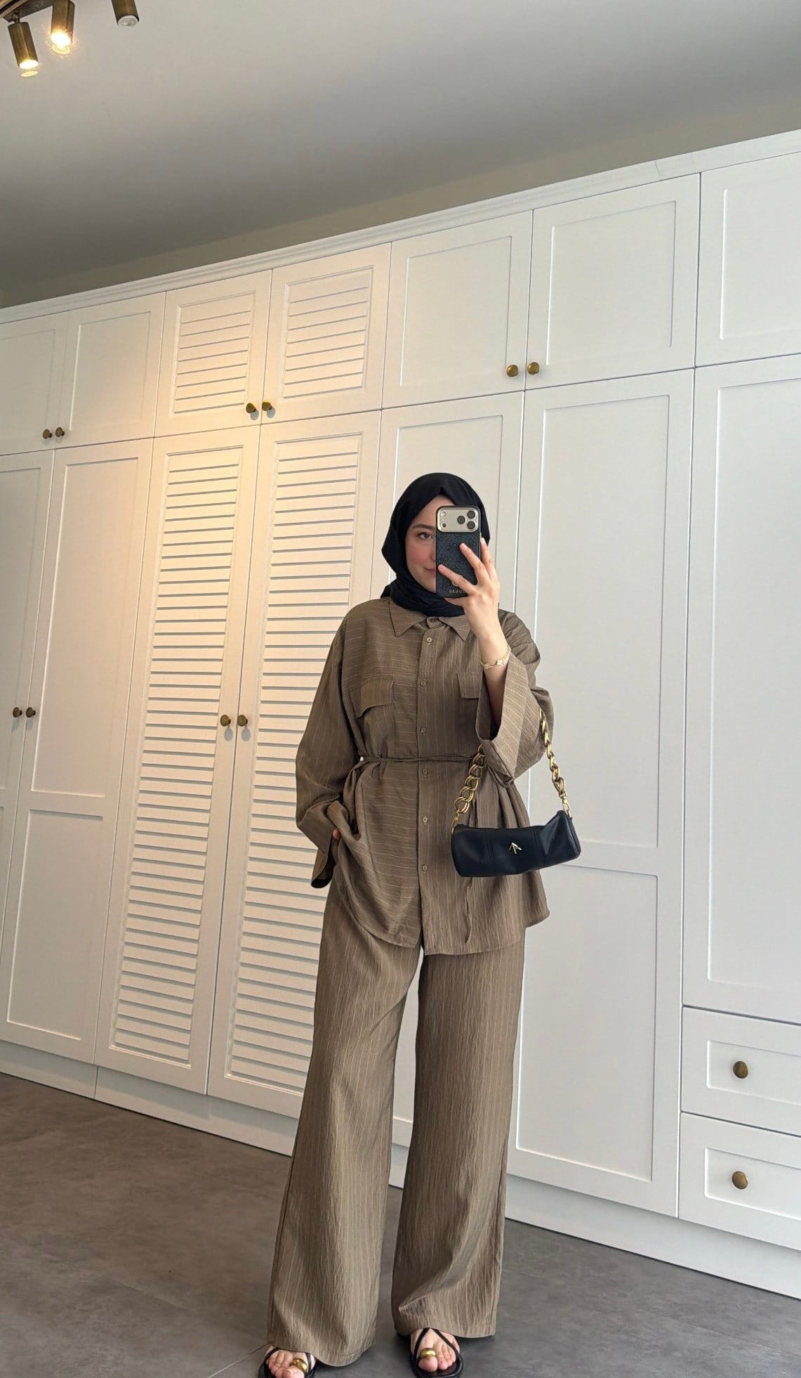 Oversize Çizgili  Takım Olive