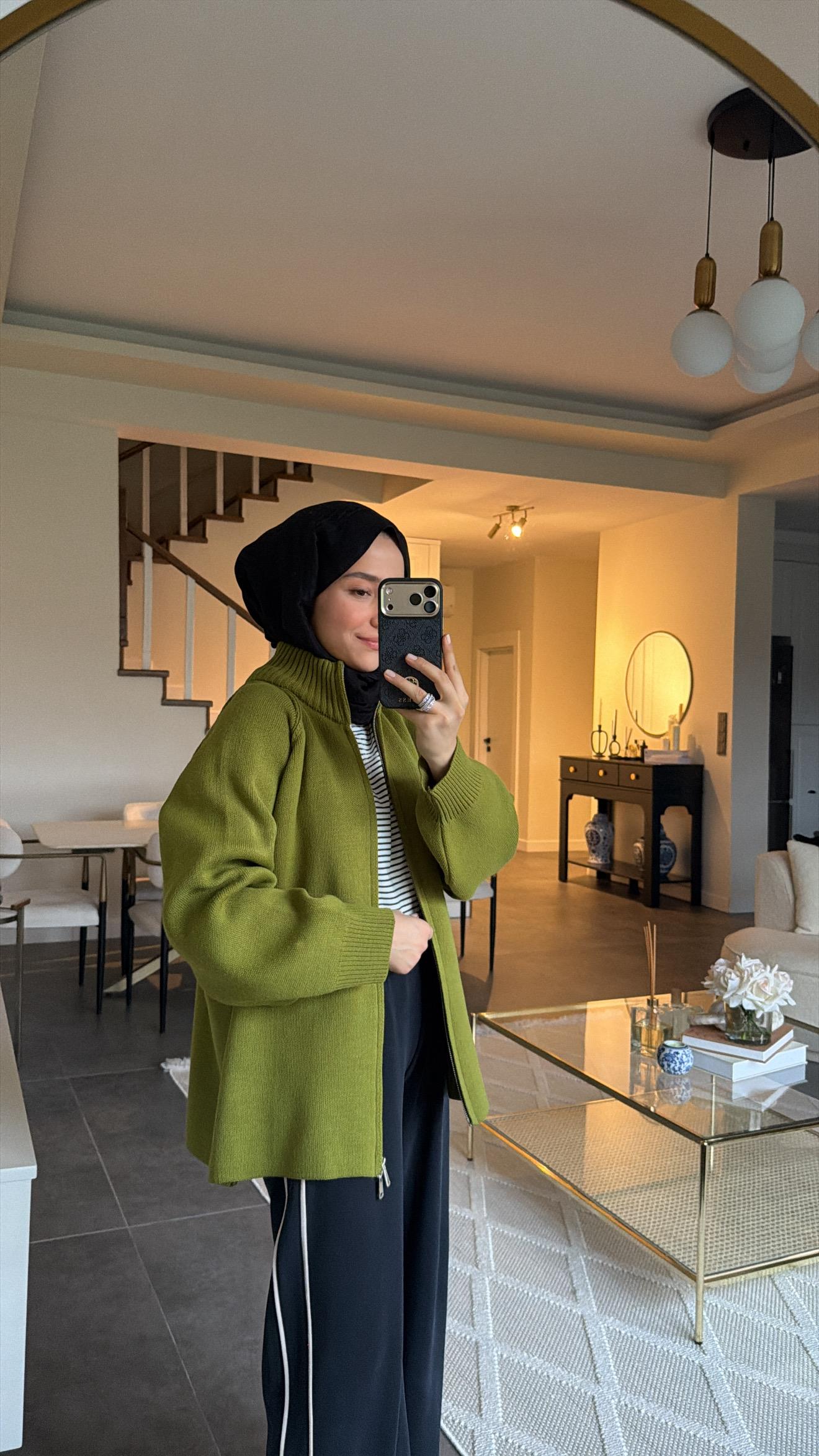 Premium Çift Fermuarlı Triko Hırka Olive