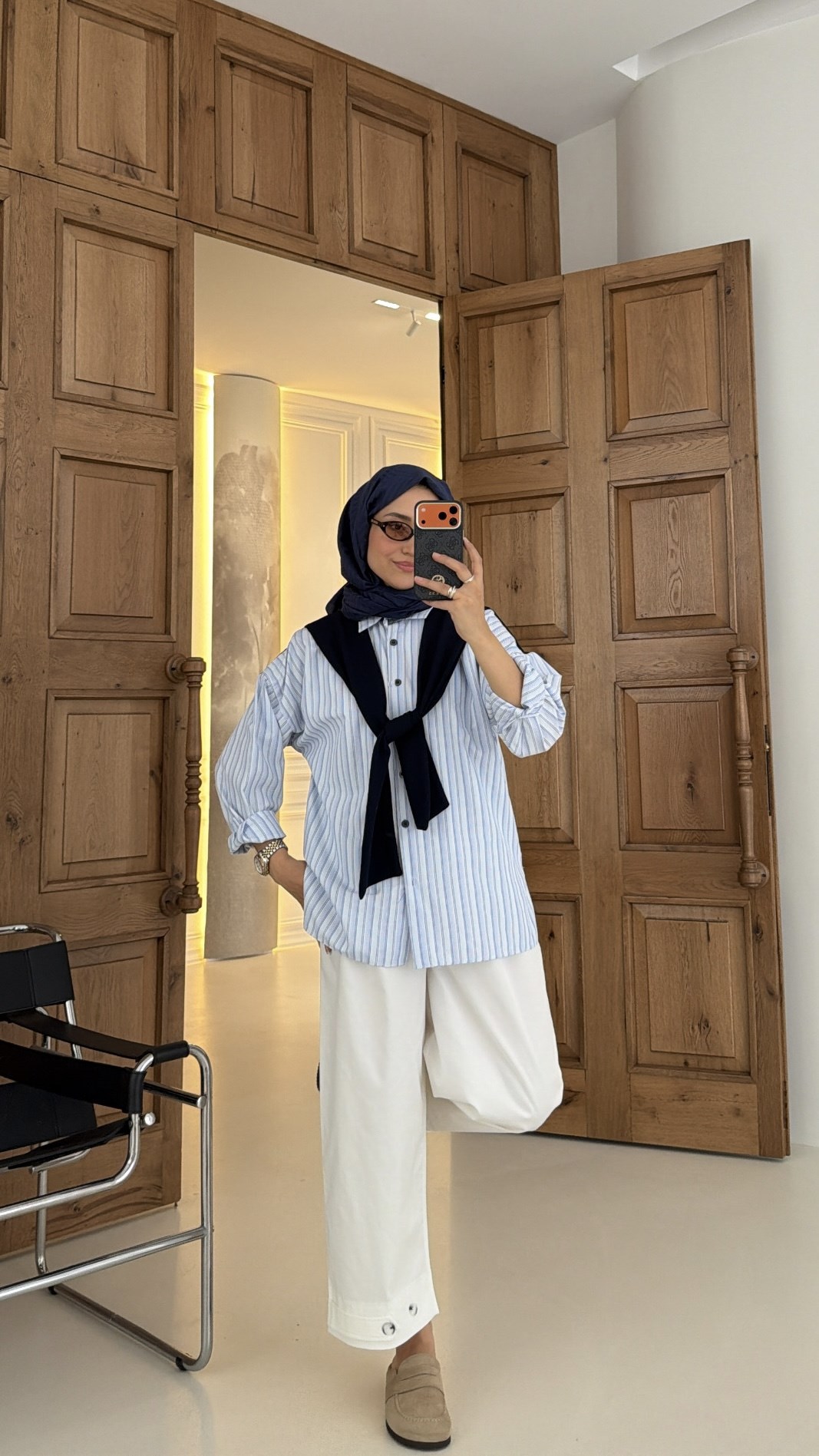 Şal Bağlamalı Çizgili Gömlek Mavi