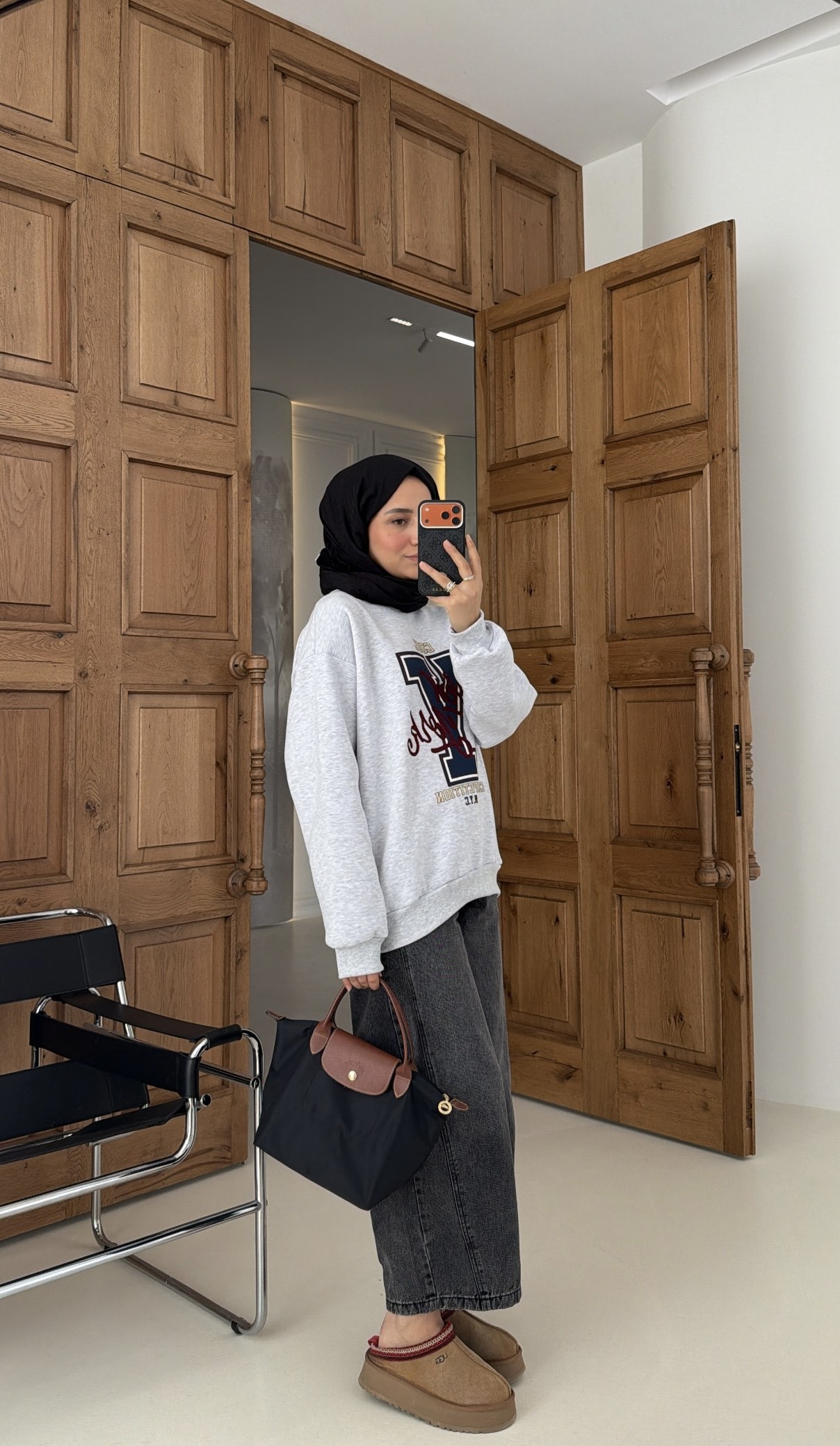 Şardonlu Oversize Sweat Gri