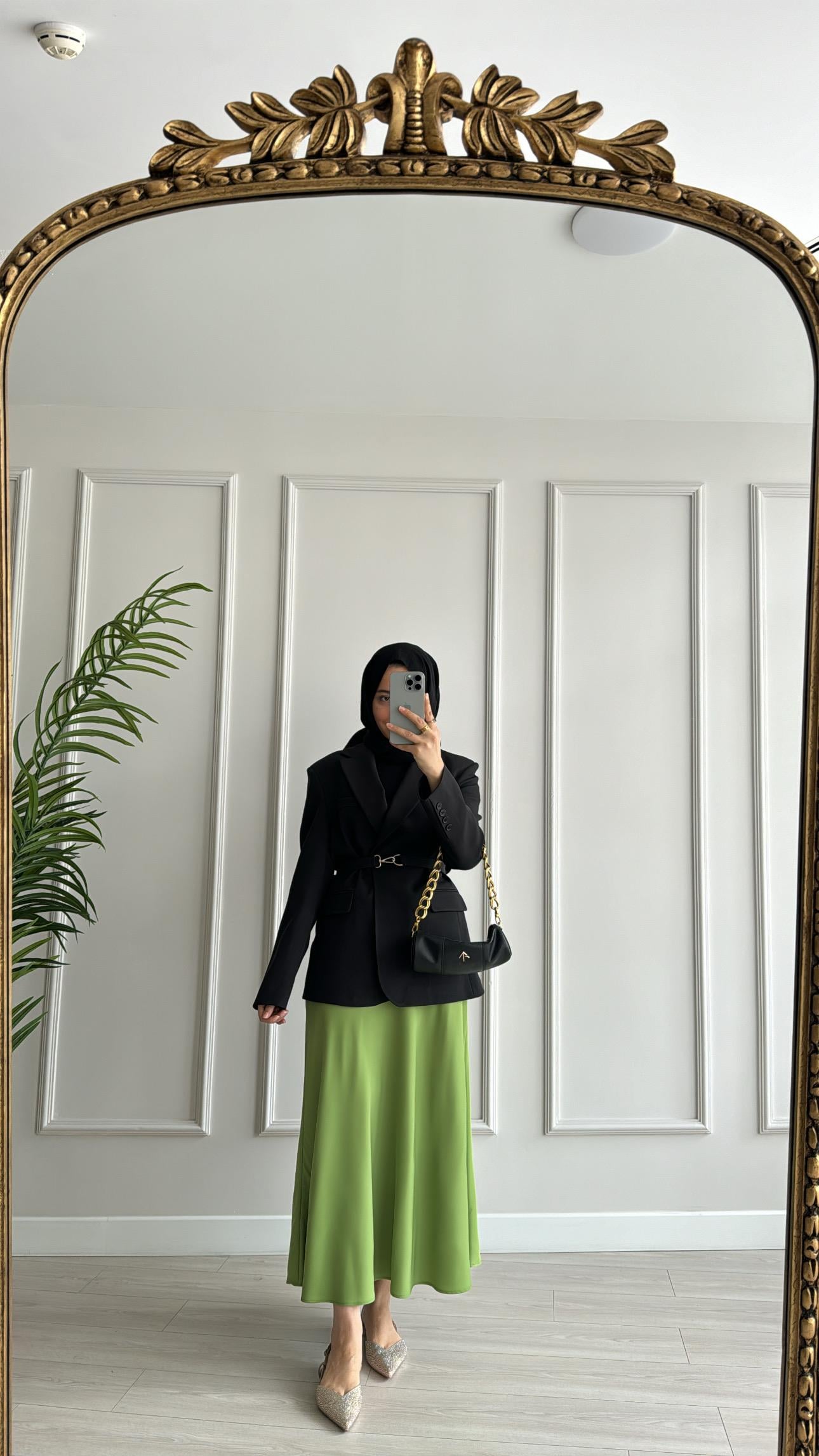 Saten Tok Kumaş Kloş Etek Olive