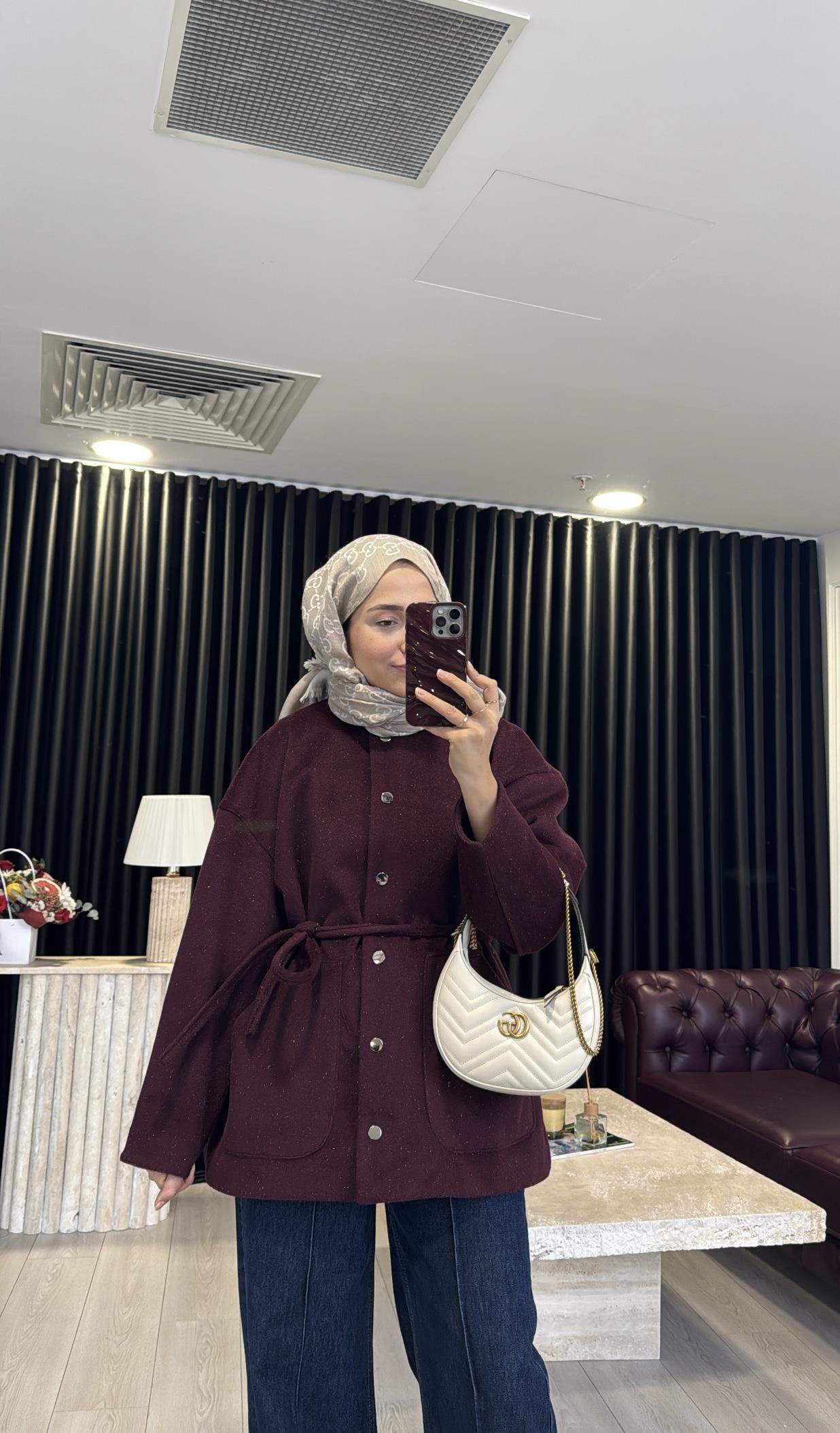 Simli Kaşe Kaban Bordo