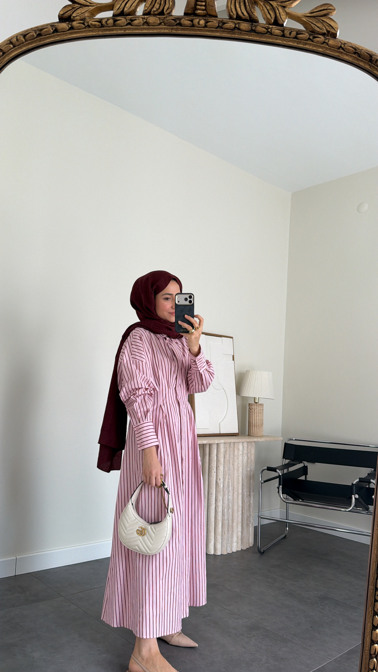 Vintage  Çizgili  Elbise Pembe