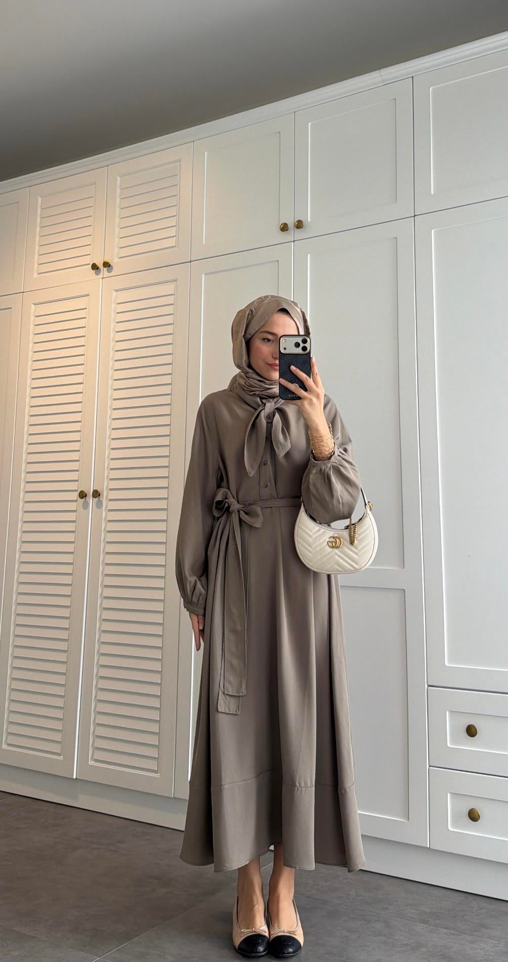 Zr Model Fular Detaylı Elbise Haki