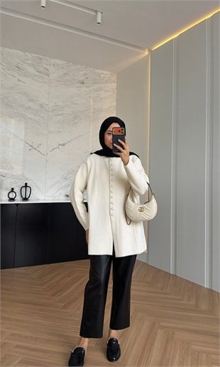 Düğme Detaylı Angora Hırka Ekru 
