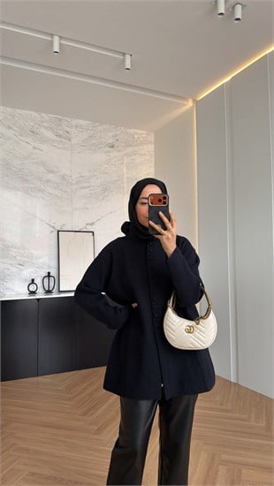 Düğme Detaylı Angora Hırka Siyah