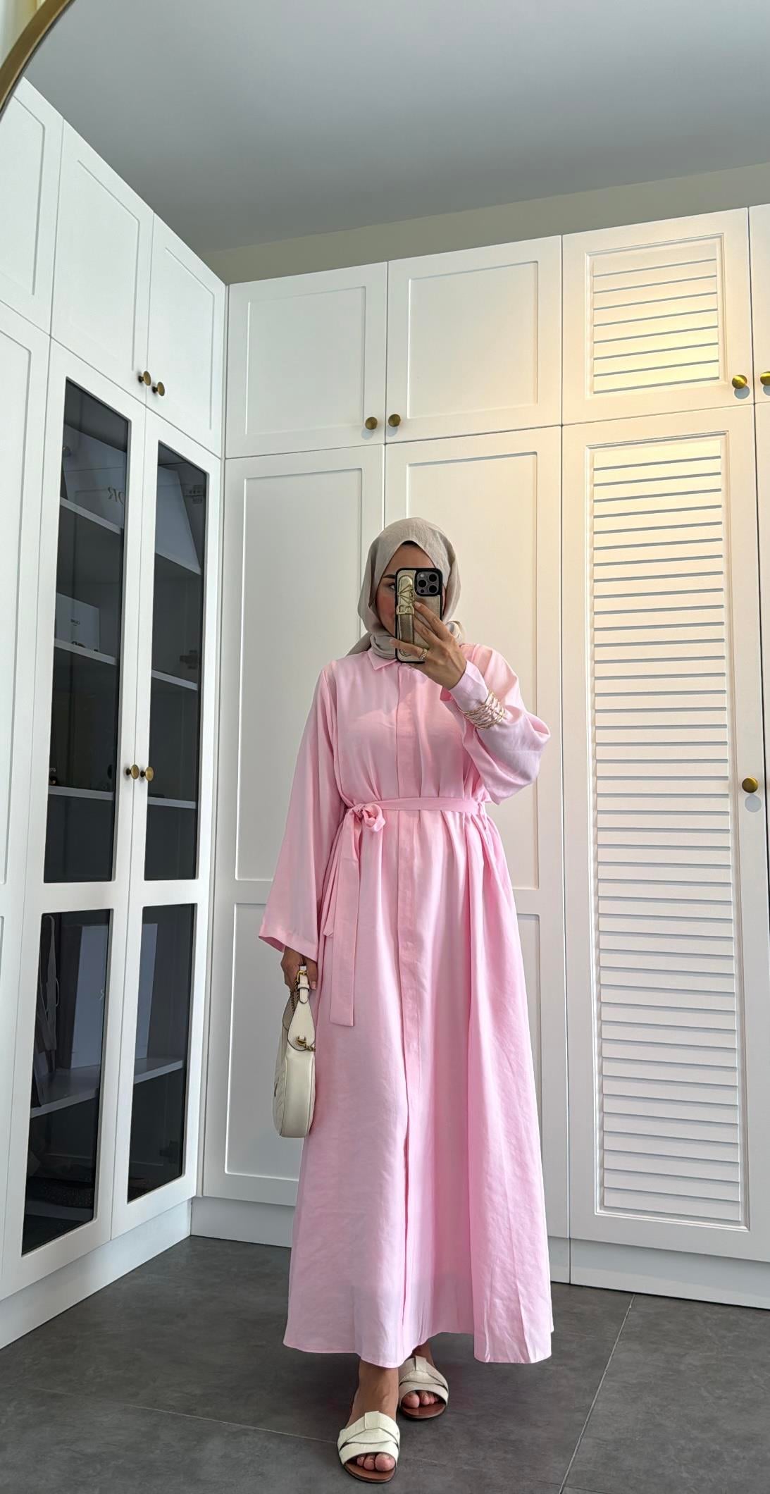 Basic Düğmeli Gömlek Elbise Pembe
