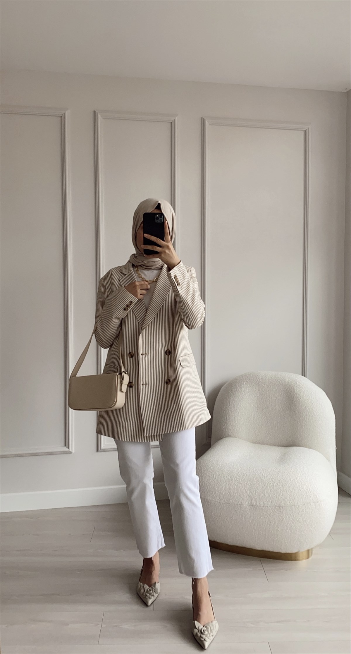 Bej Çizgili İnce Blazer Ceket