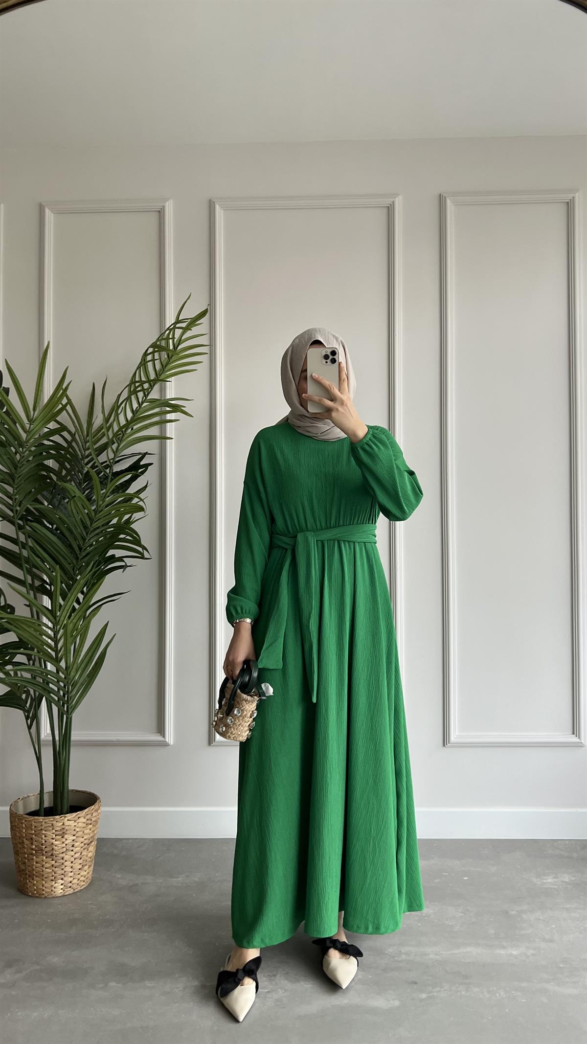 Beli Lastikli Elbise-Yeşil