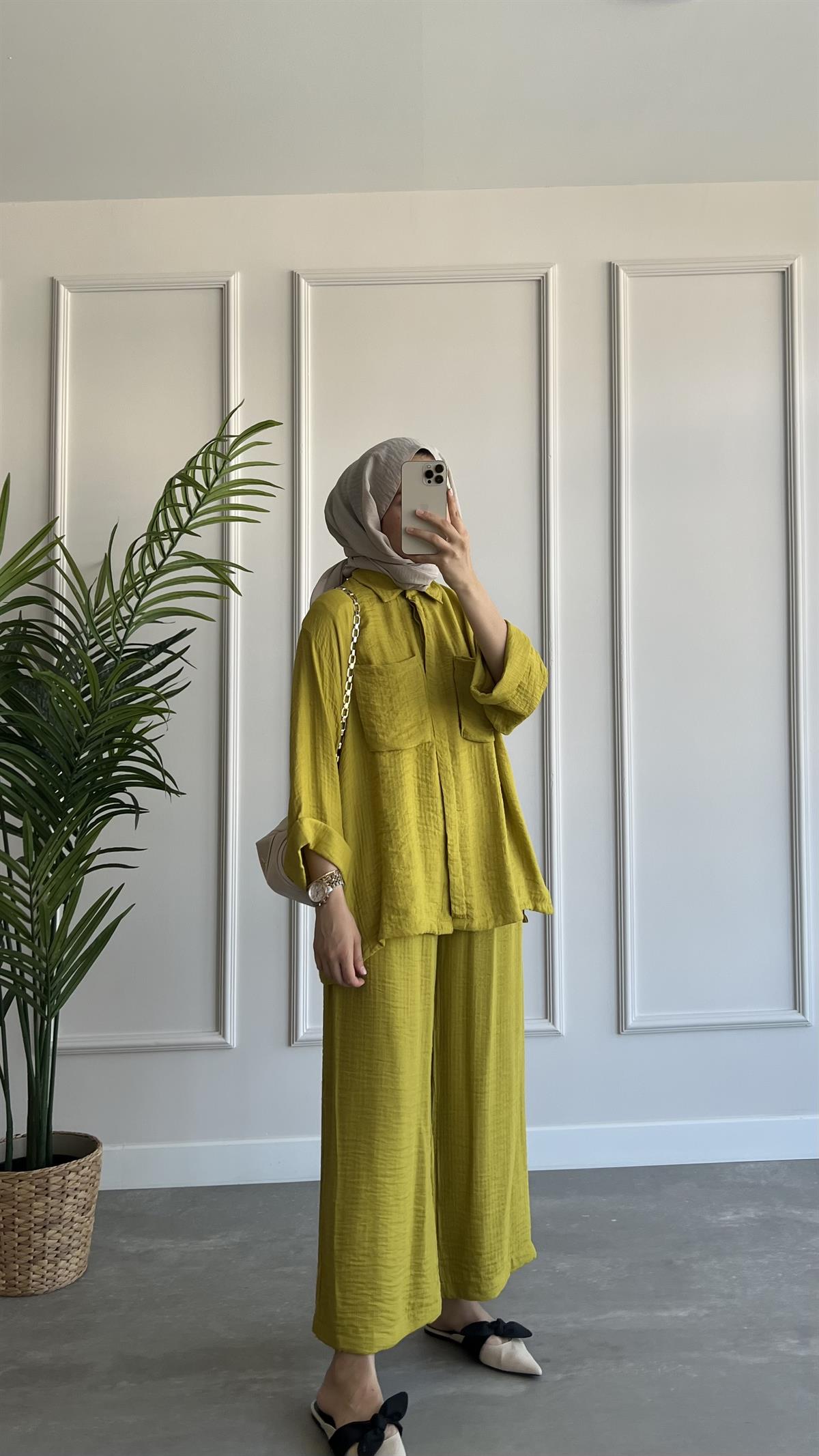 Cep Detaylı Müslin Takım Olive