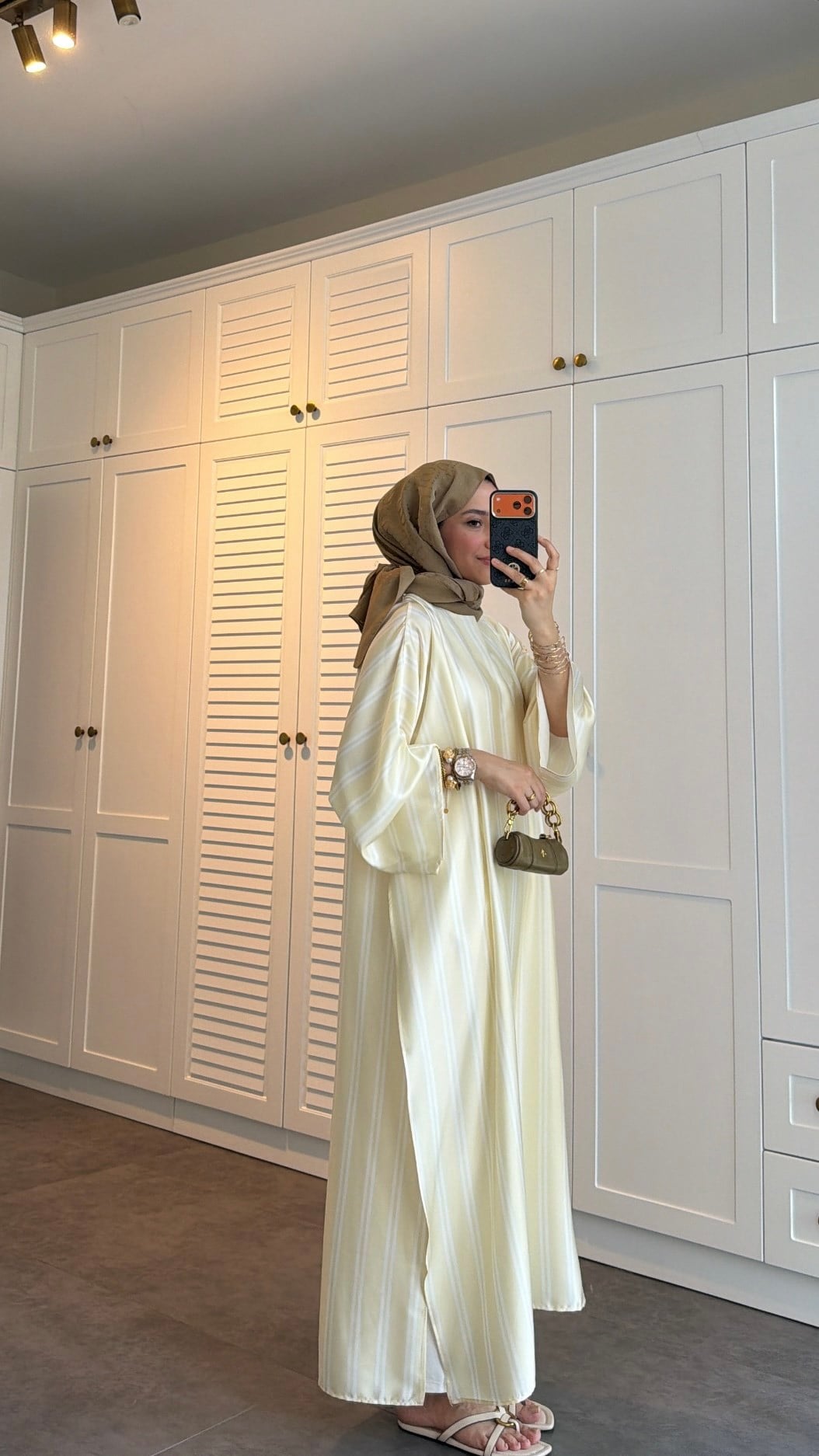 Çizgili Saten Yırtmaçlı Tunik Butter Yellow