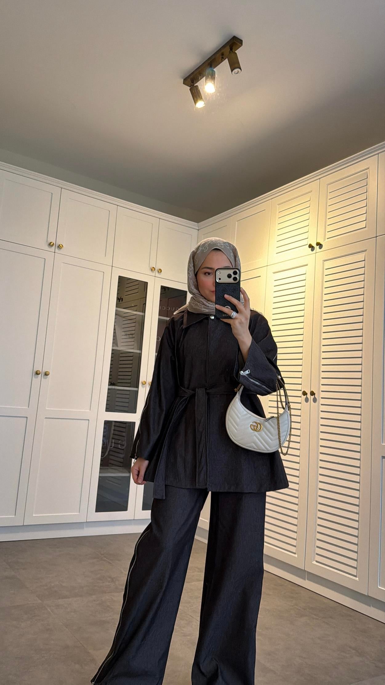 Fermuarlı Denim Takım Mürdüm