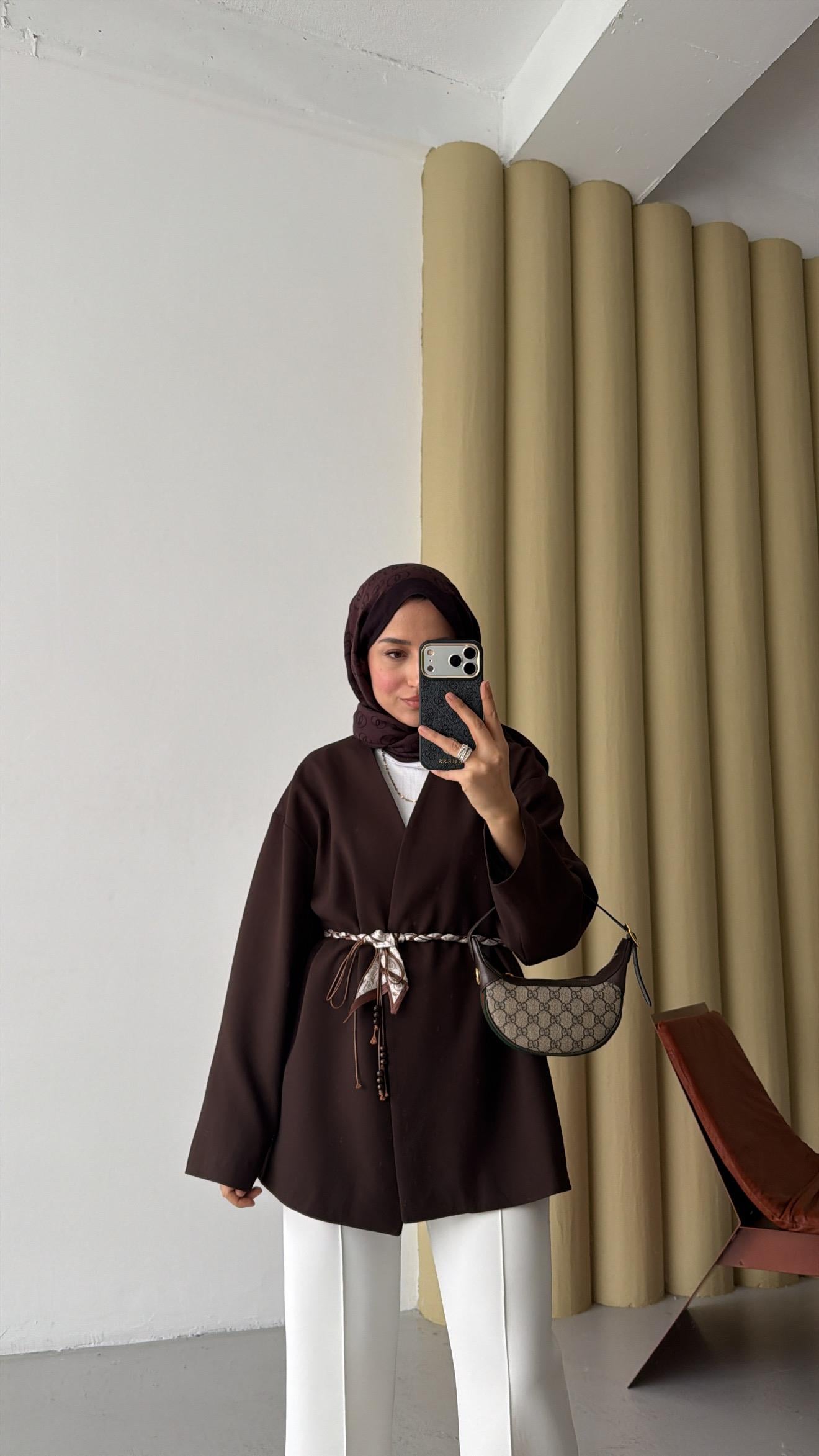 Fular Kemerli Blazer Kahve
