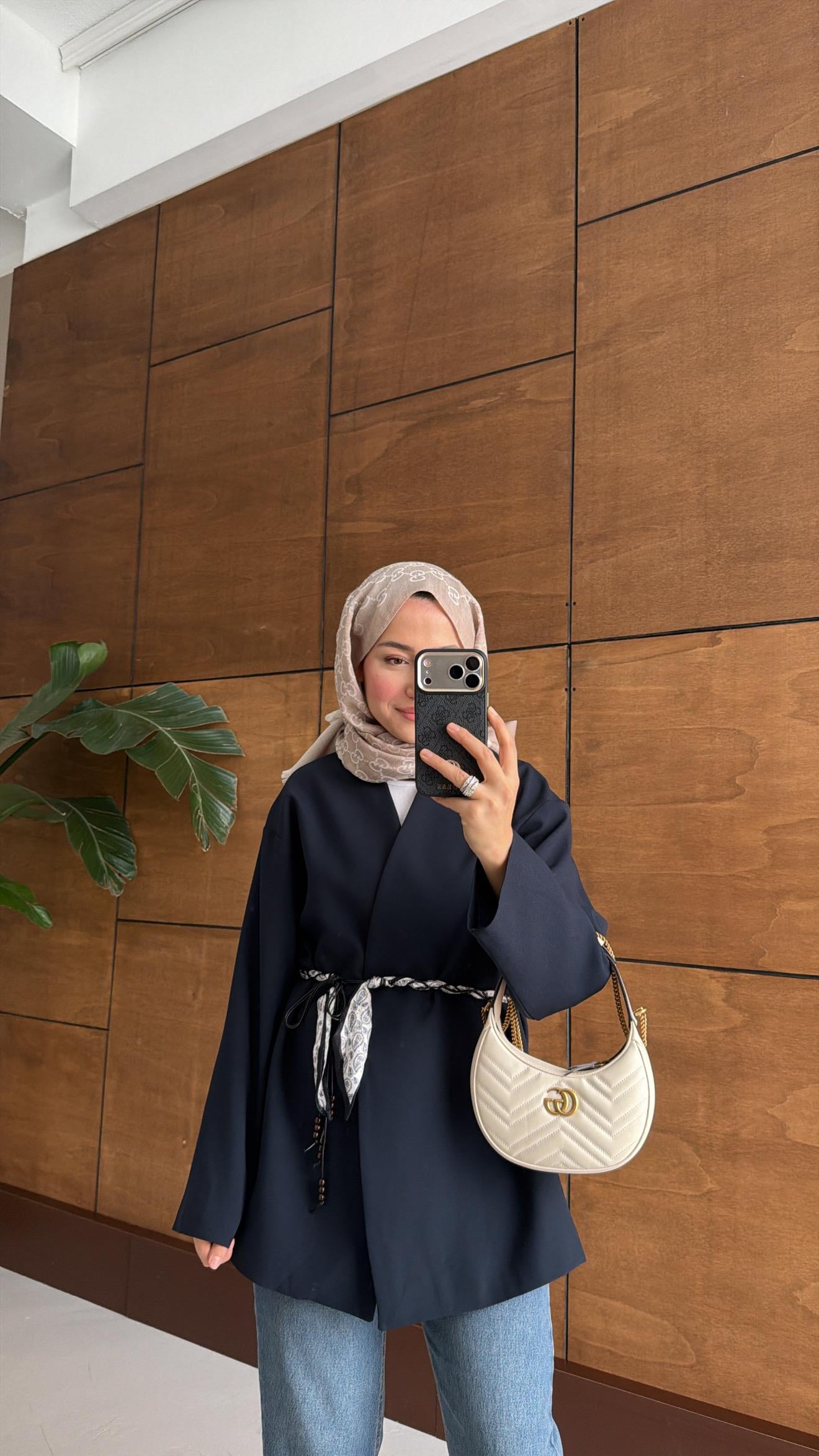 Fular Kemerli Blazer Lacivert