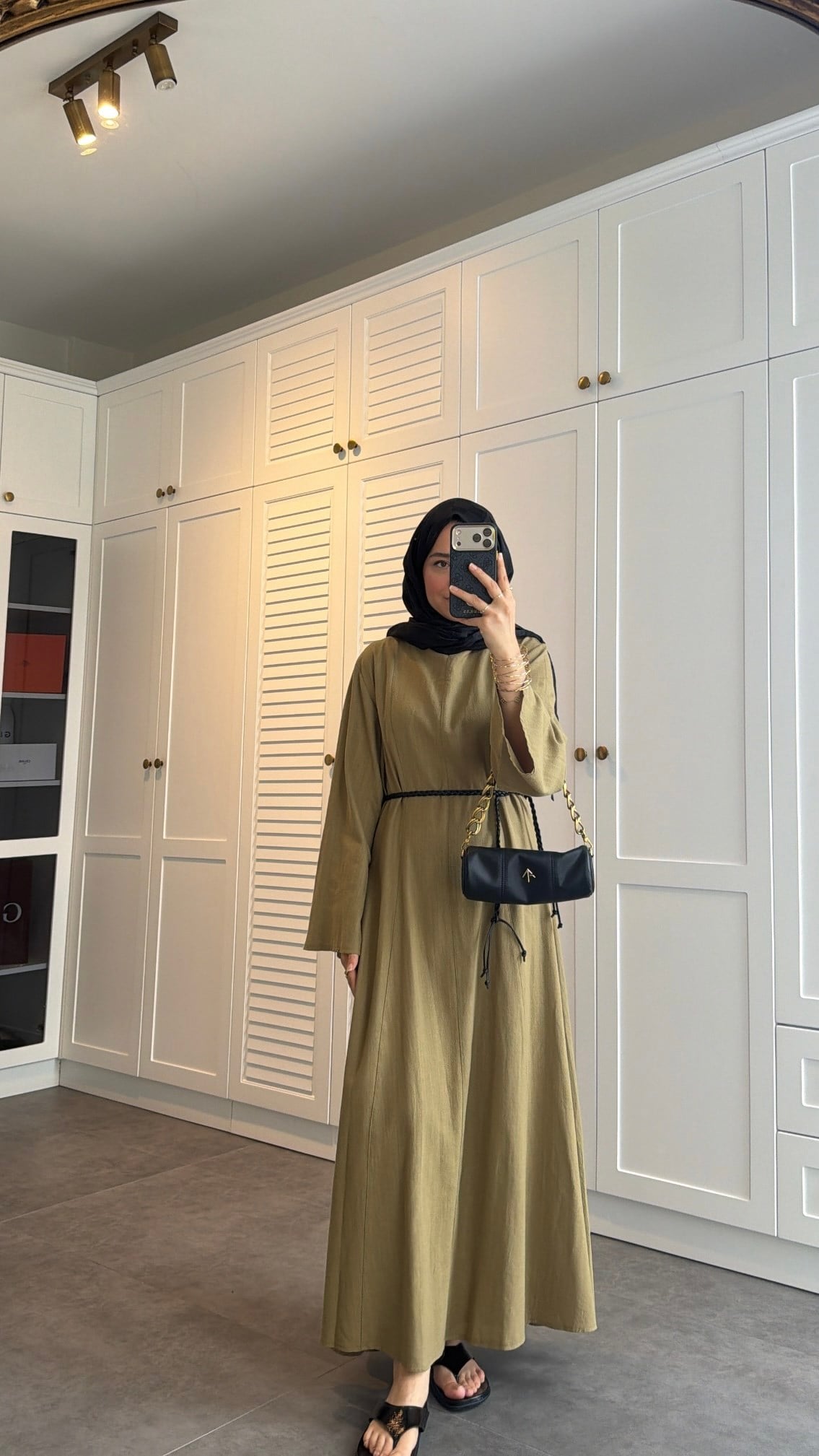 Kemerli Keten Elbise Olive