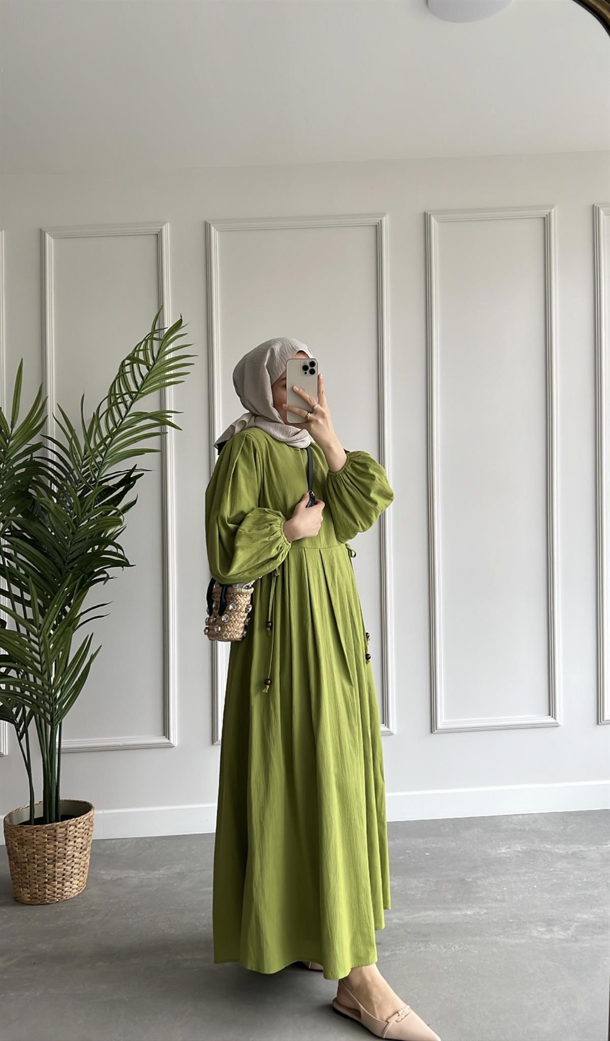 Keten Elbise - Olive
