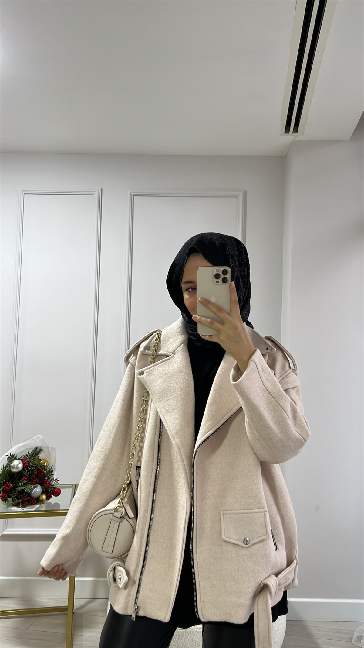Krem Kaşe Biker Mont