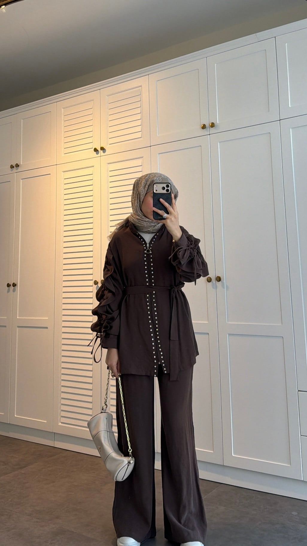 Lena Modal Taşlı Pantolon Takım Kahve