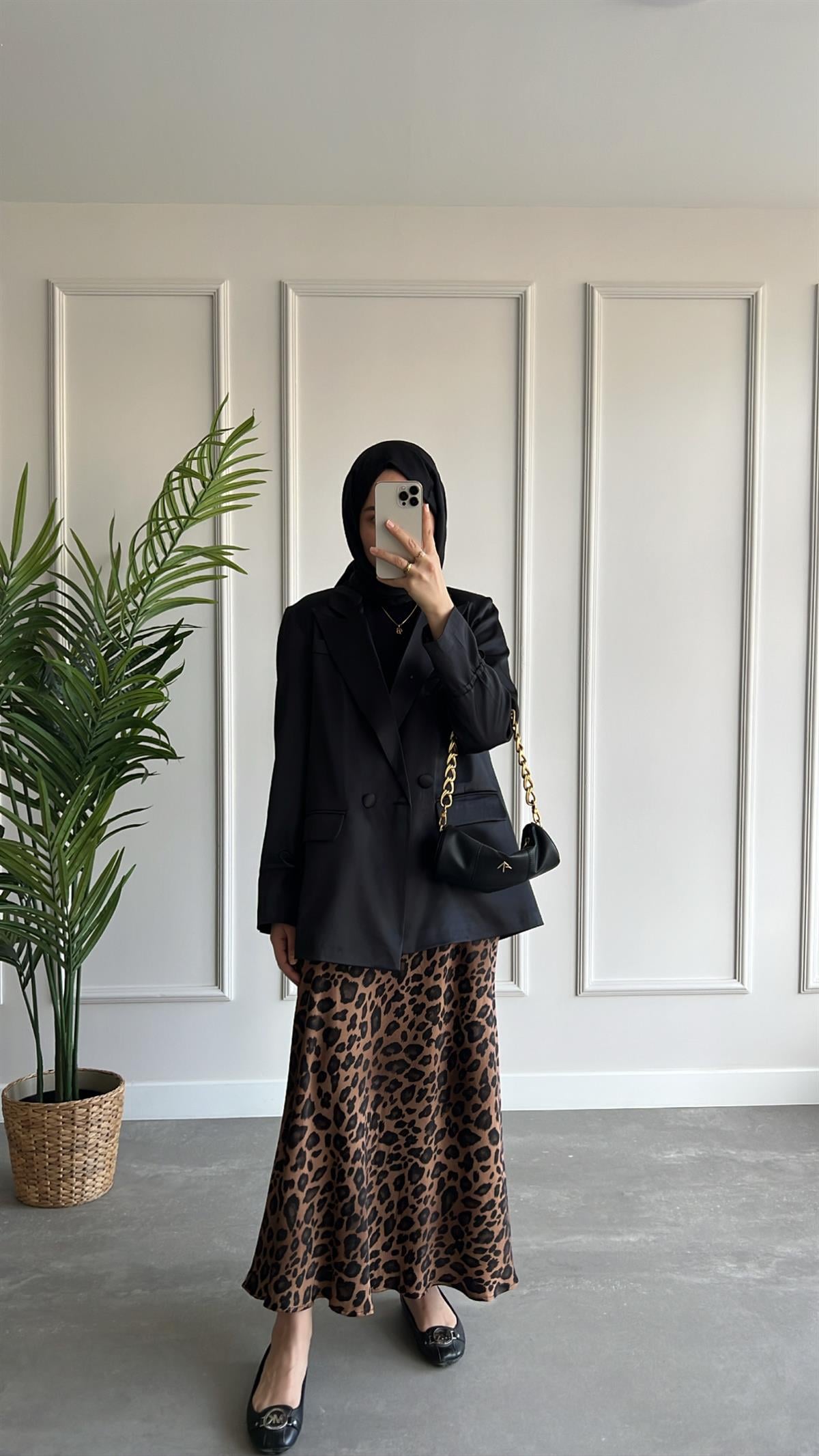 Leopar Desen Saten Etek