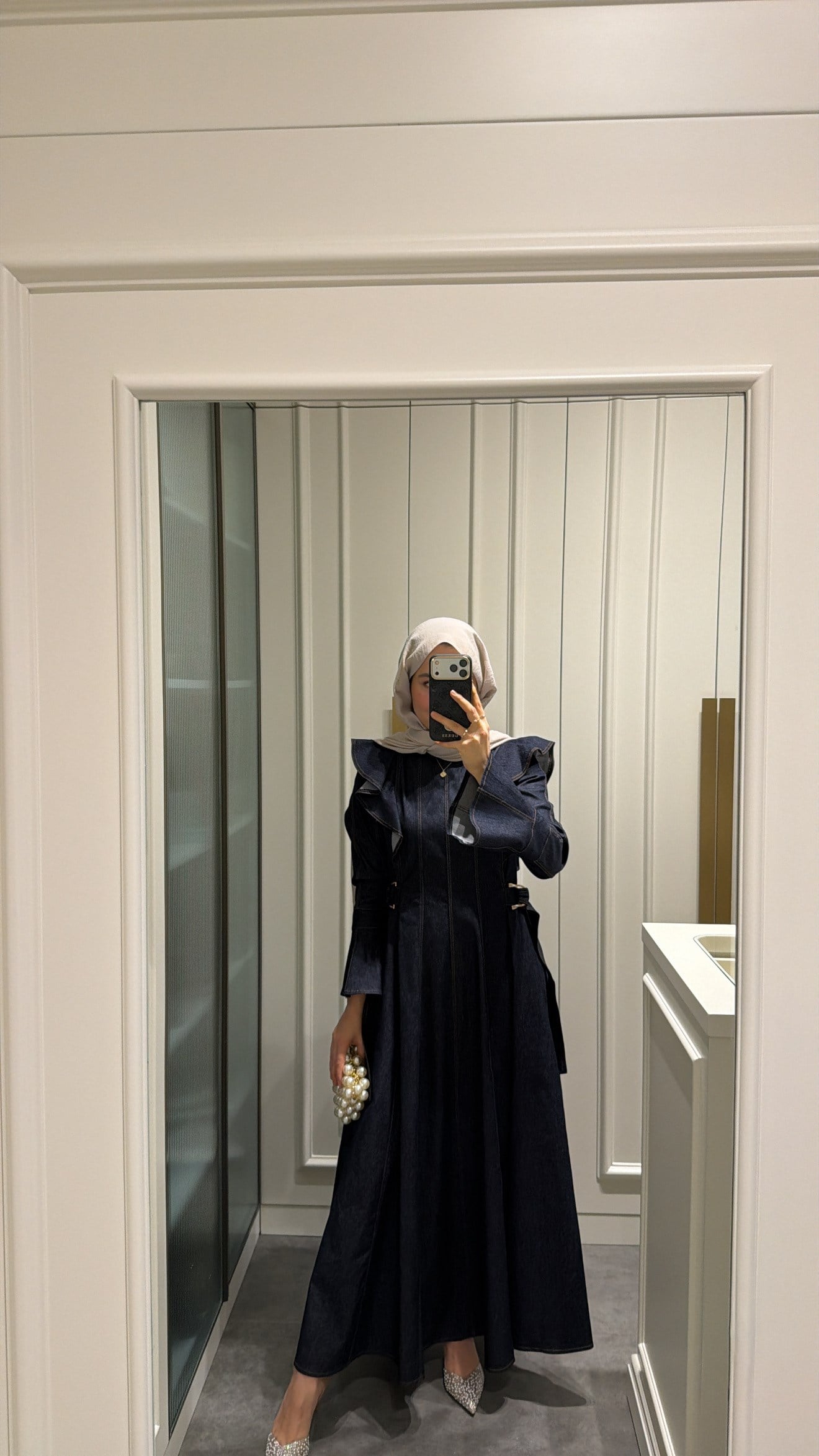 Omuz Detay Tasarım Denim Elbise Lacivert