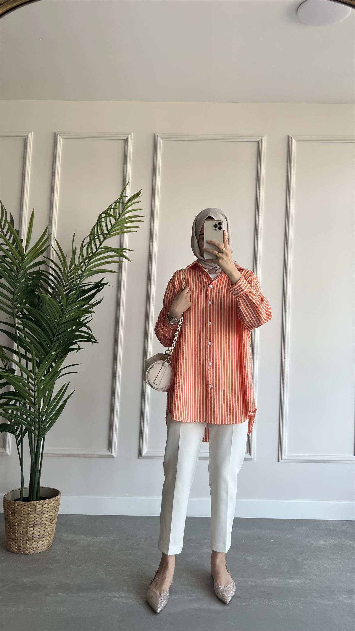 Oversize Çizgili Gofre Gömlek 