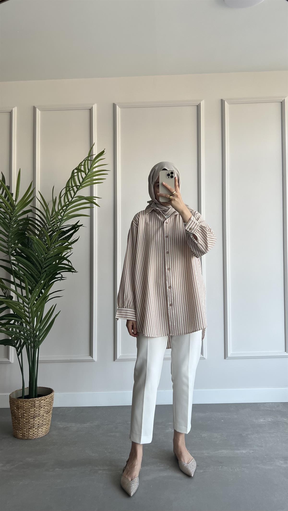 Oversize Çizgili Gofre Gömlek 