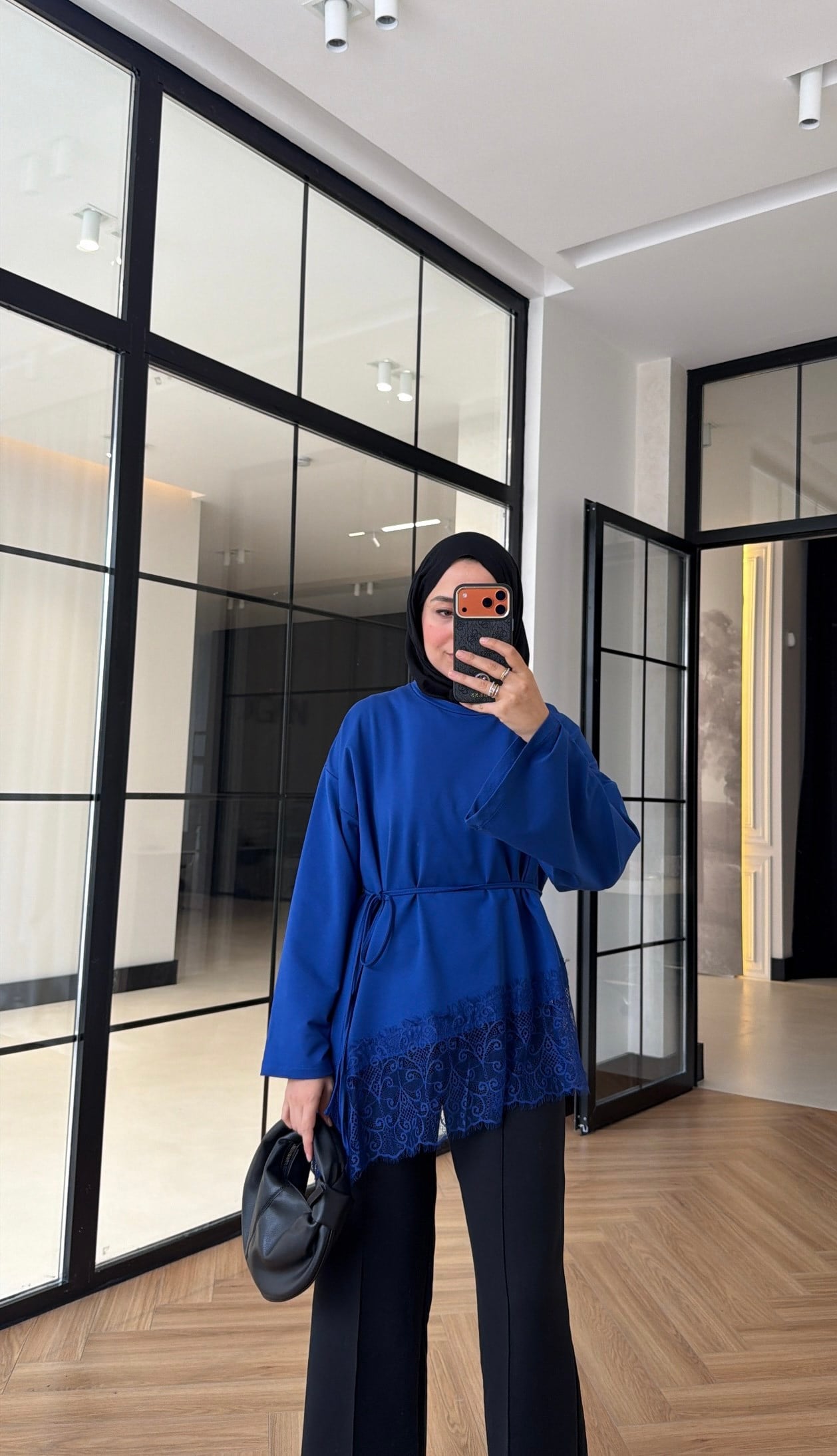 Premium Dantelli Oversıze Sweat Saks Mavisi