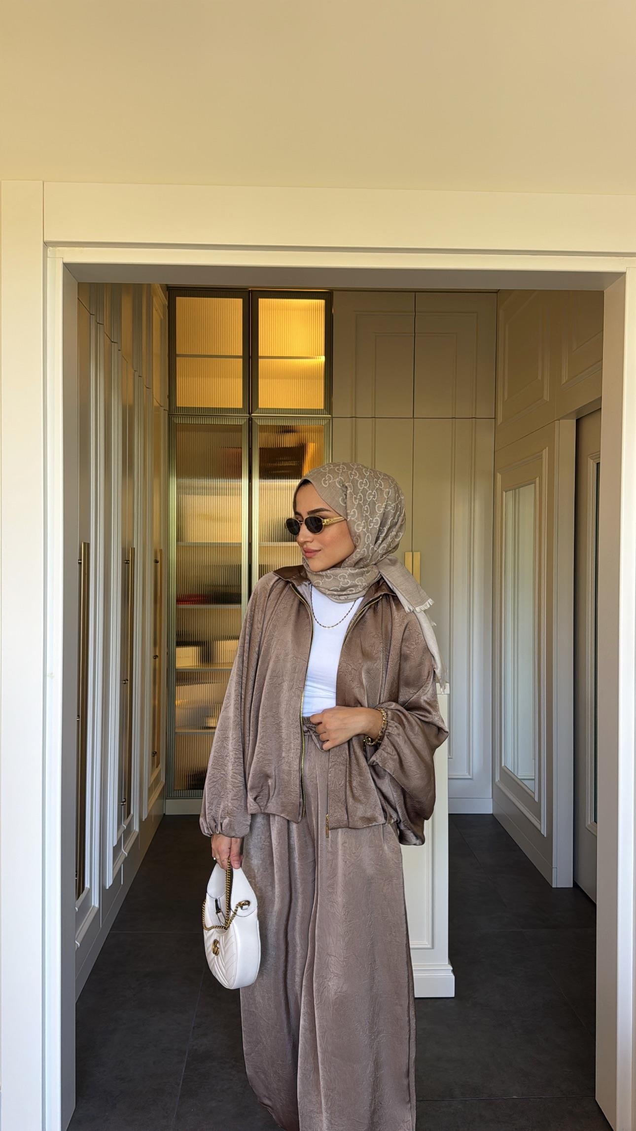 Saten Bomber Ceket Pantolon Takım Vizon