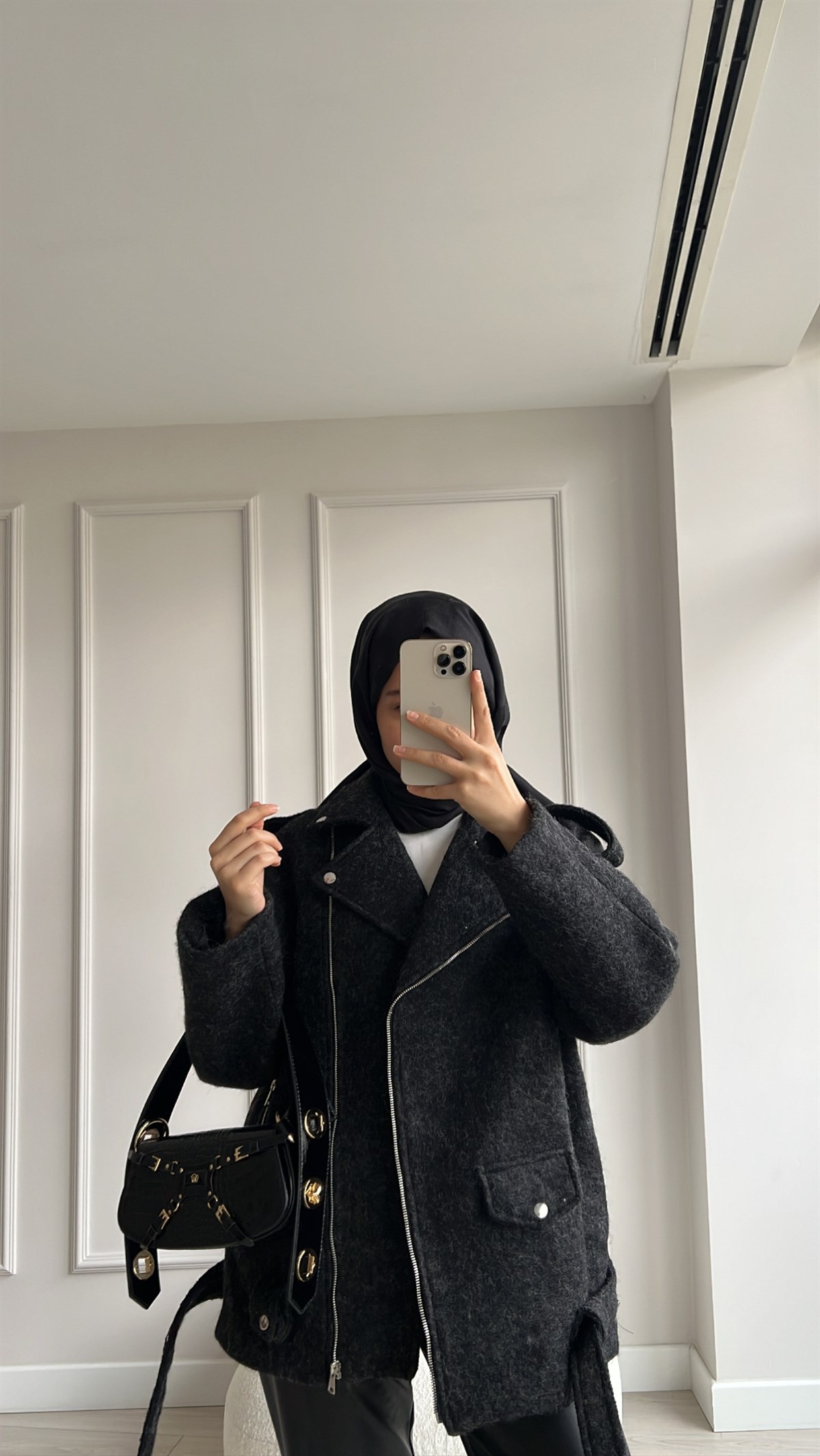 Siyah Kaşe Biker Mont