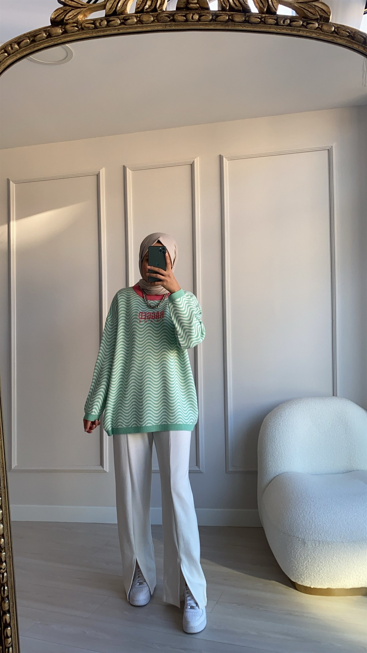 Yeşil Ragged Oversize Kazak