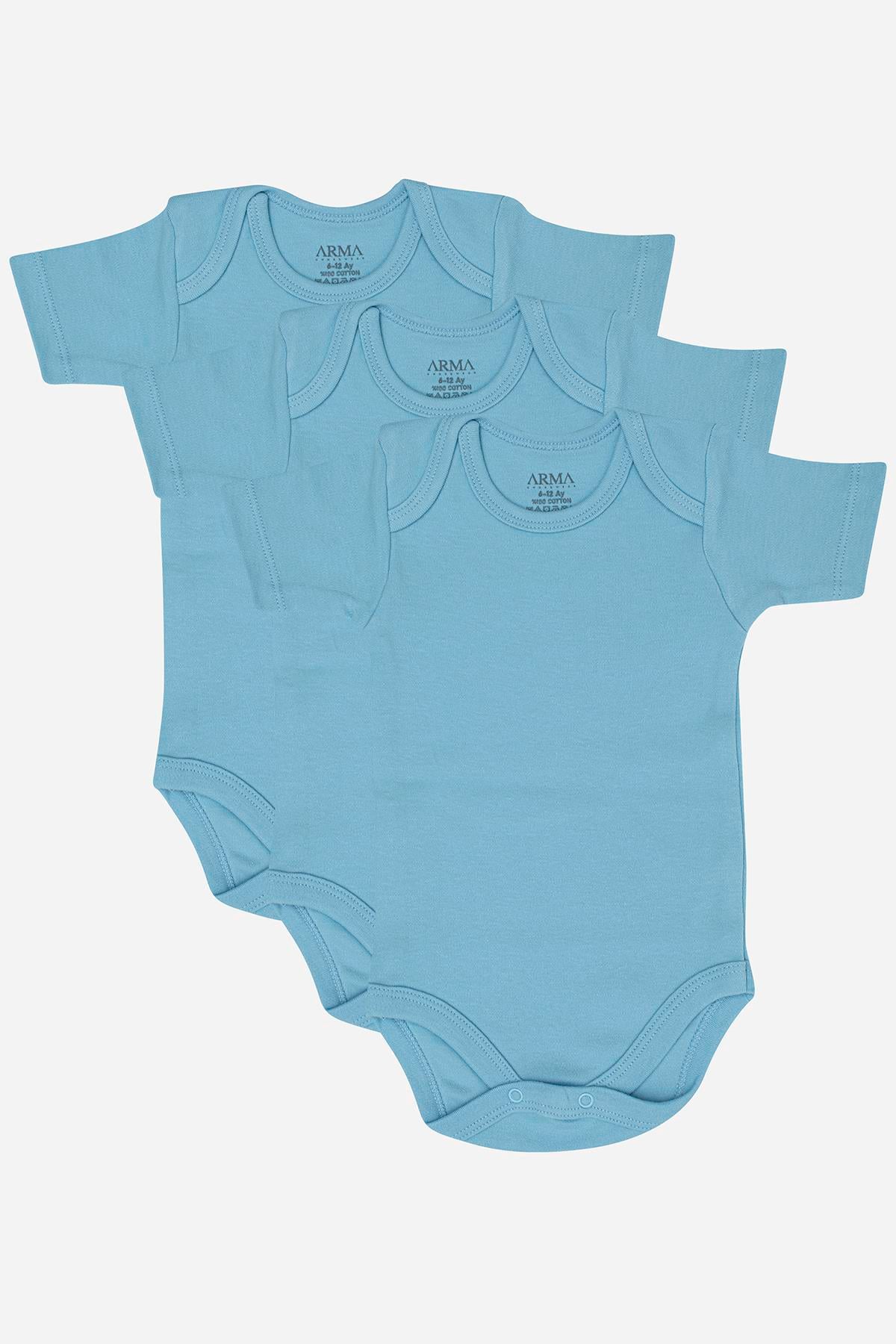 %100 Organik Pamuk 3'lü Mavi Kısa Kollu Bebek Çıtçıtlı Zıbın Body