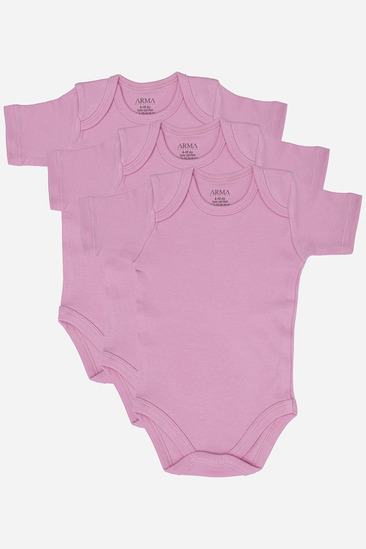 %100 Organik Pamuk 3'lü Pembe Kısa Kollu Bebek Çıtçıtlı Zıbın Body