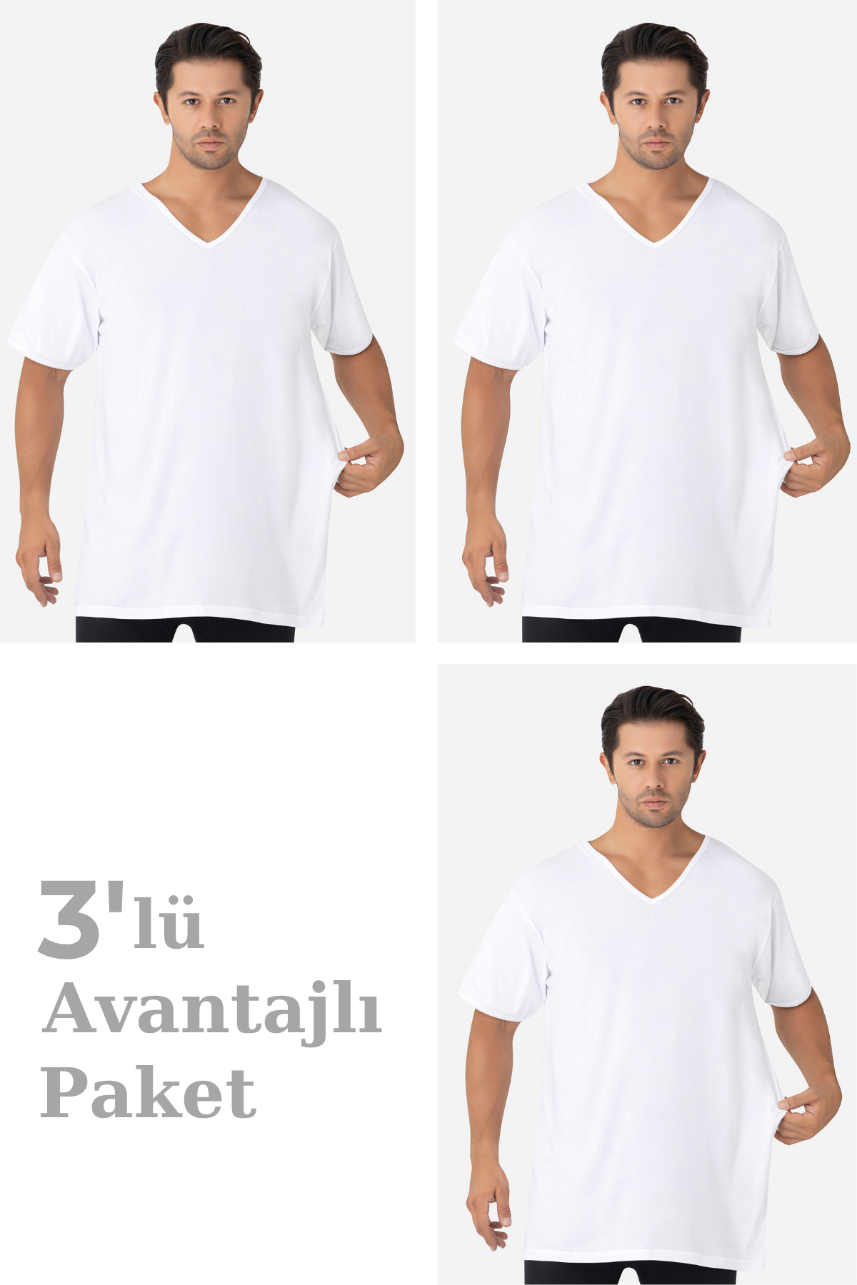 3'lü Paket Beyaz Erkek V Yaka Kısa Kollu Büyük Beden Tişört %100 Pamuklu Penye