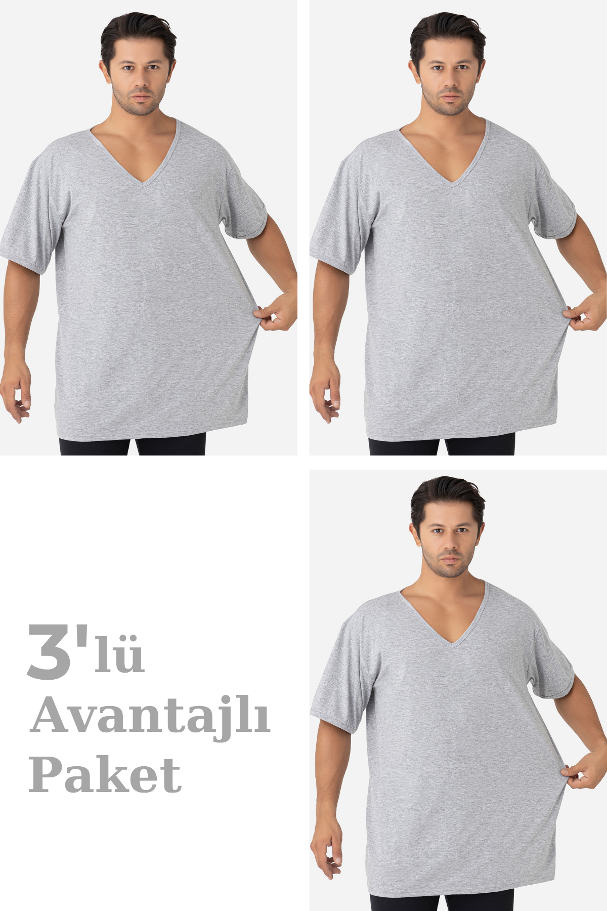 3'lü Paket Gri Erkek V Yaka Kısa Kollu Büyük Beden Tişört %100 Pamuklu Penye