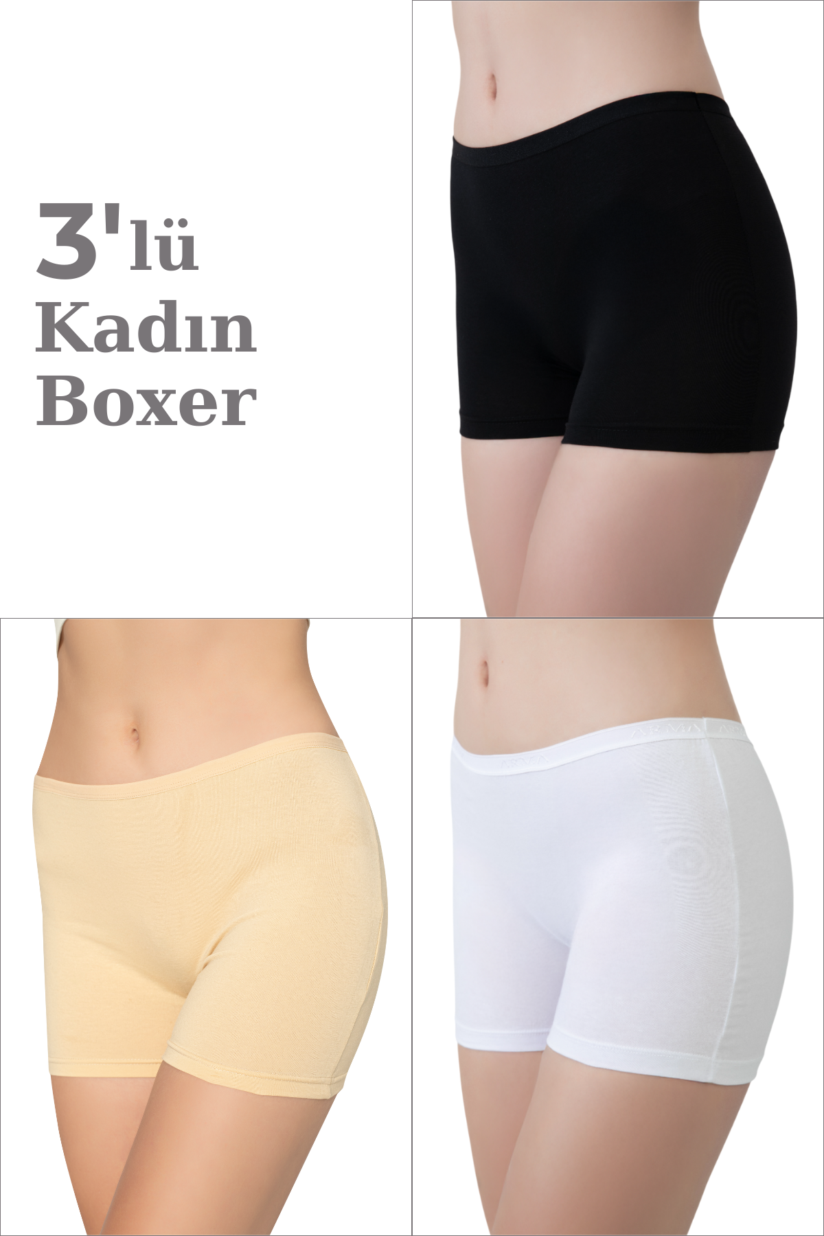 3'lü Paket Kadın Karışık Renkli Boxer Şort Pamuklu Likralı