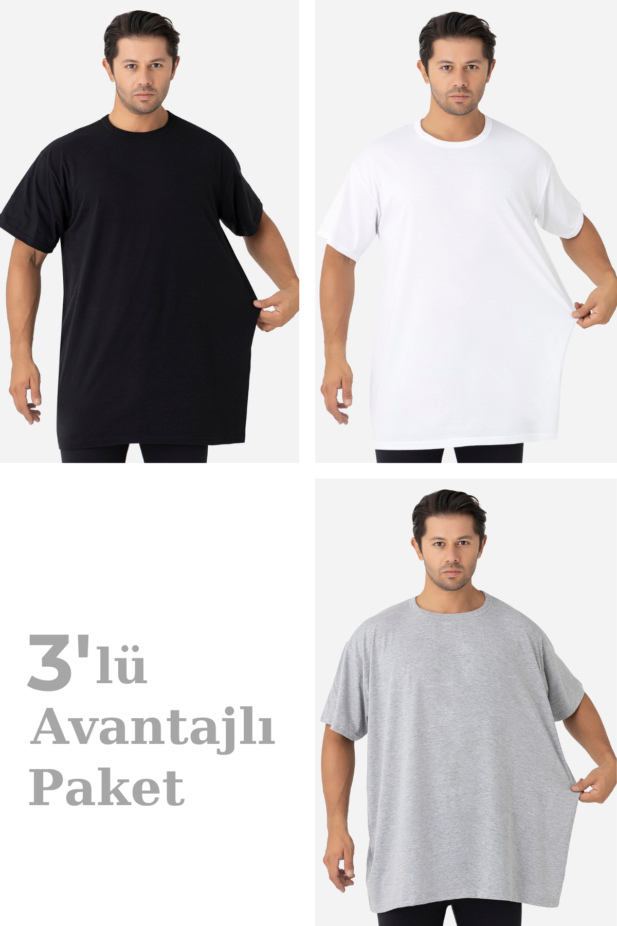 3'lü Paket Renkli Erkek Büyük Beden Tişört Sıfır Yaka Kısa Kollu %100 Pamuk Penye