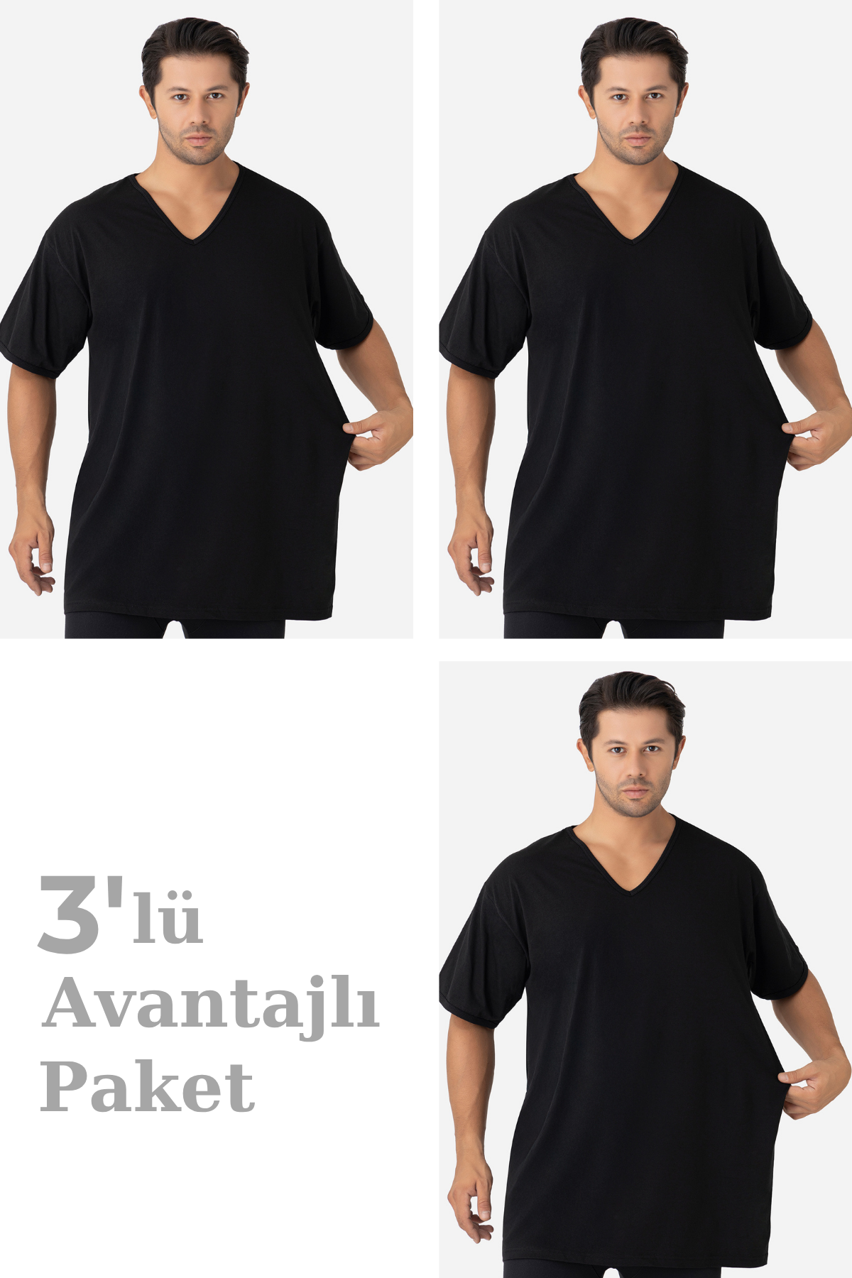 3'lü Paket Siyah Erkek V Yaka Kısa Kollu Büyük Beden Tişört %100 Pamuklu Penye