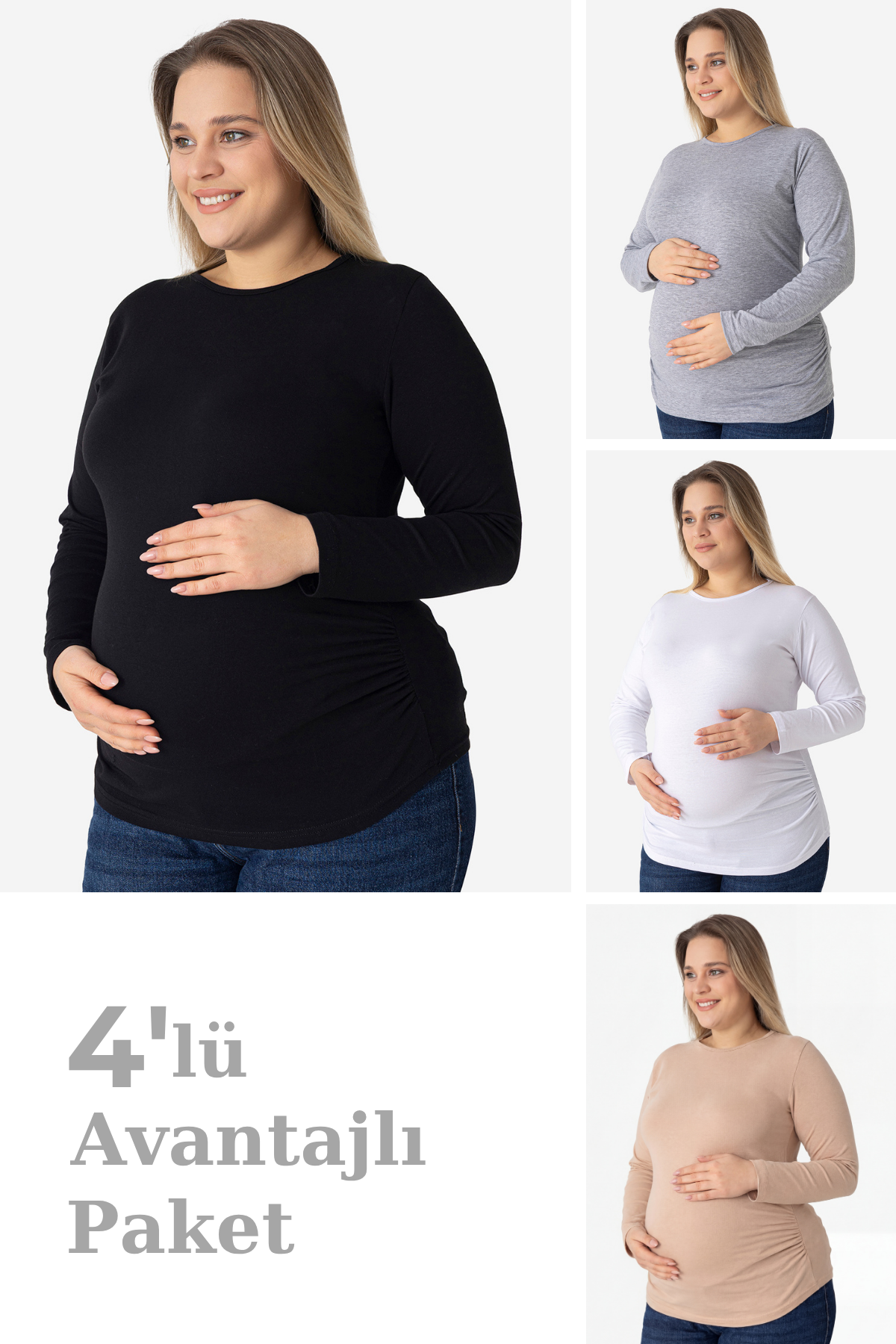 4'lü Paket Renkli Uzun Kollu Hamile Tişört Pamuklu Likralı Yumuşak ve Esnek Kumaş