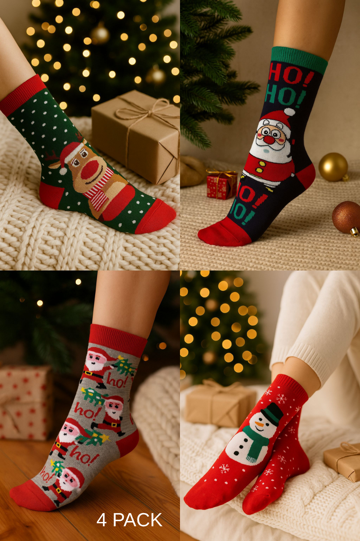 4'lü Paket Unisex Yılbaşı Çorap Renkli Soket Çorap Yeniyıl