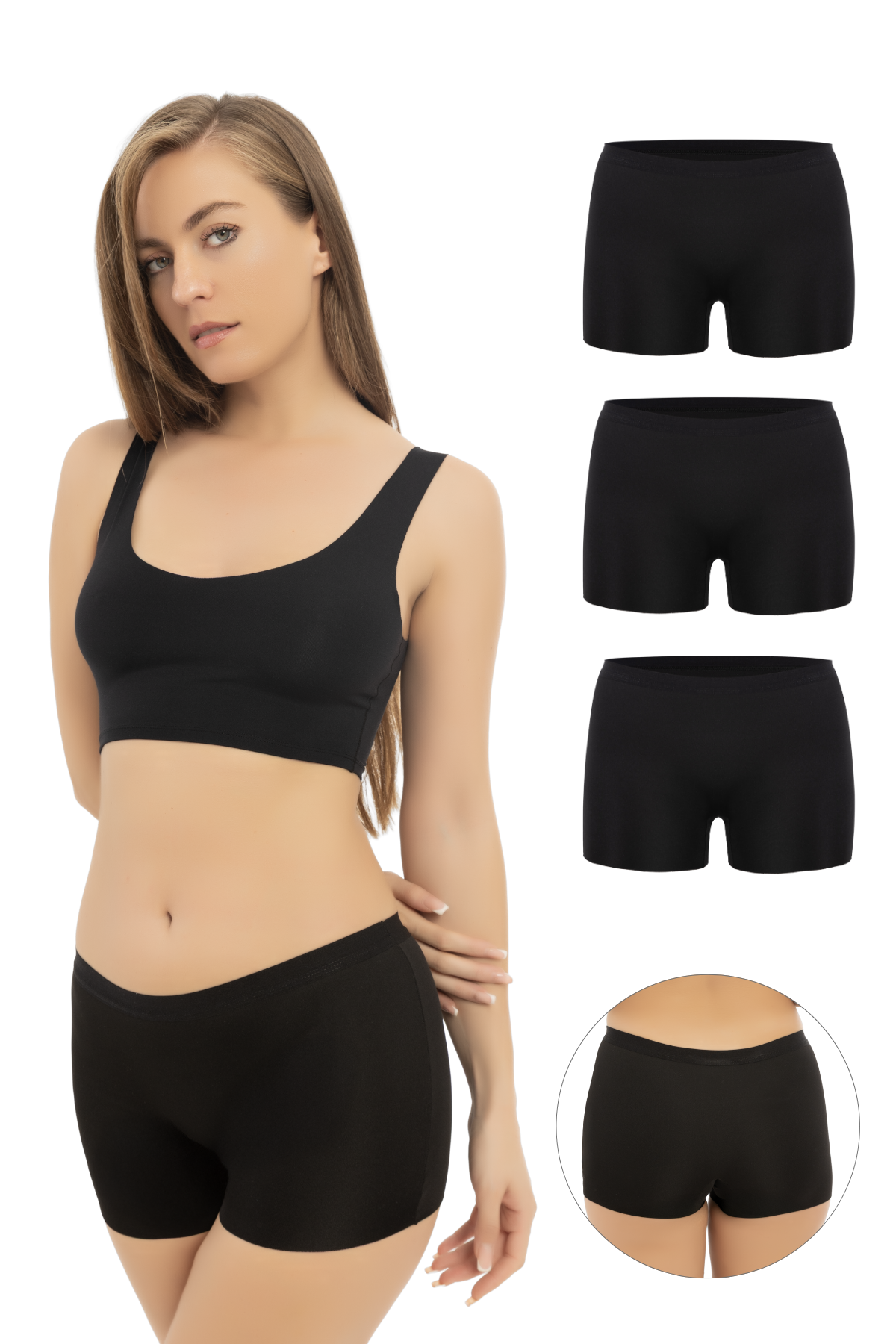 Basic Lazer Kesim Dikişsiz Kadın Boxer Külot 3'lü Paket Siyah