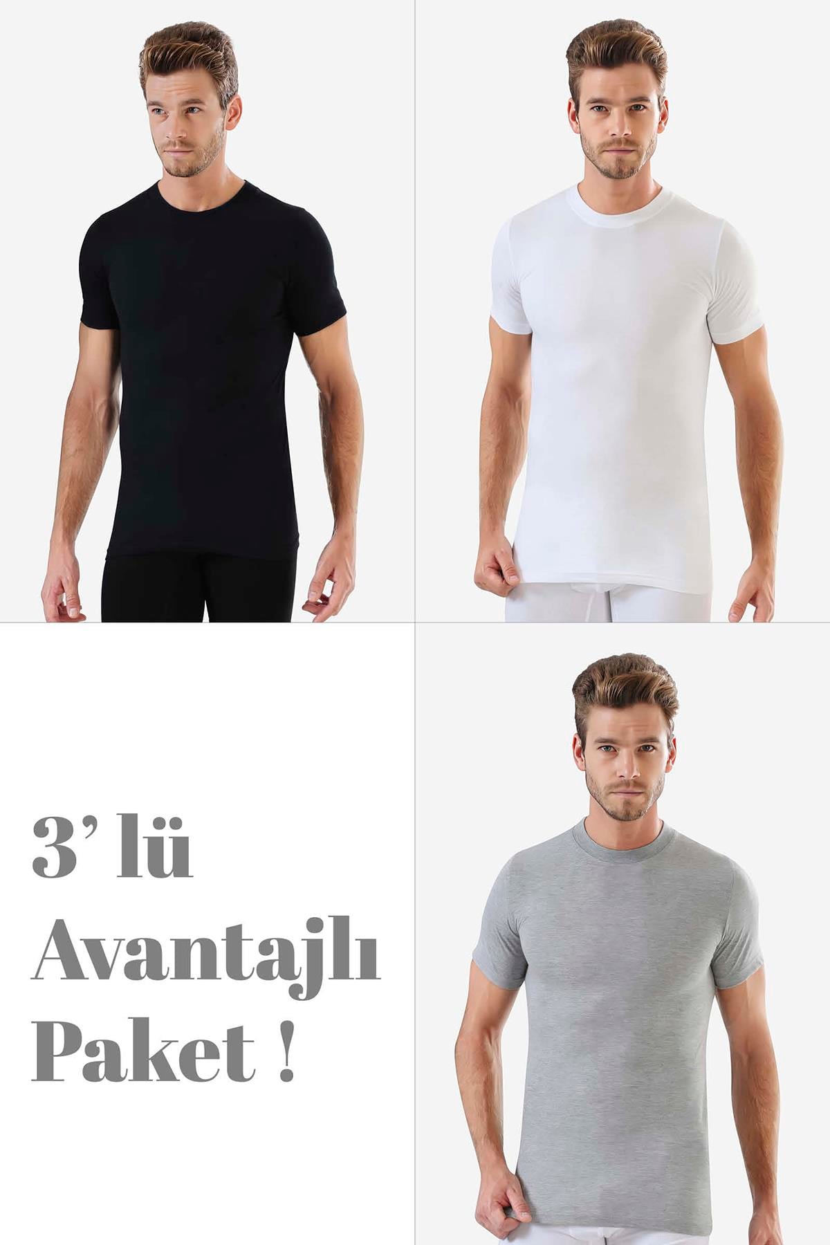 Erkek Beyaz Siyah Gri Sıfır Yaka Kısa Kol Fanila Tişört %100 Pamuklu Penye 3'lü Paket
