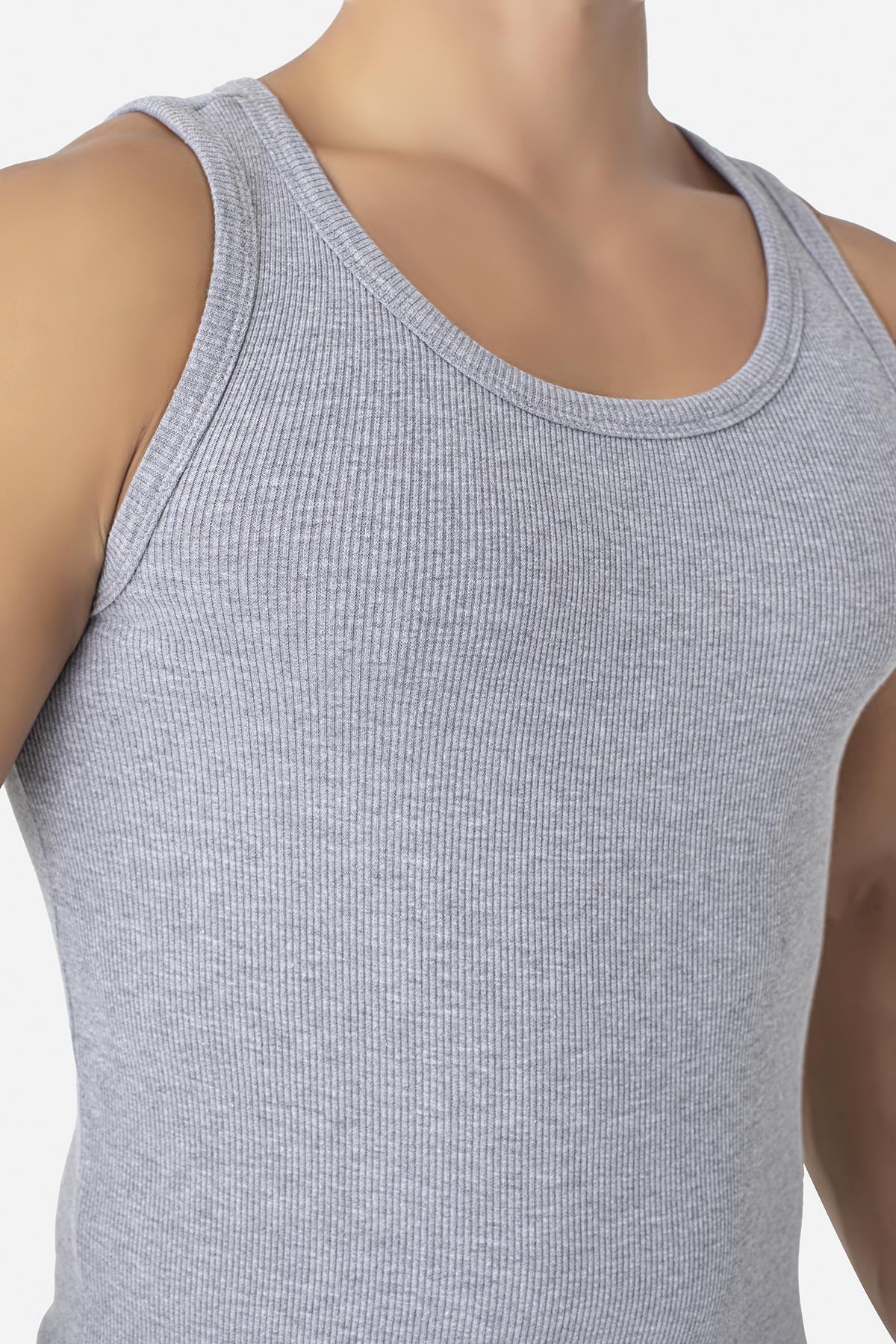 Erkek Gri Fitilli Atlet Pamuklu Likralı Kaşkorse Halter Yaka Slim Fit Atlet