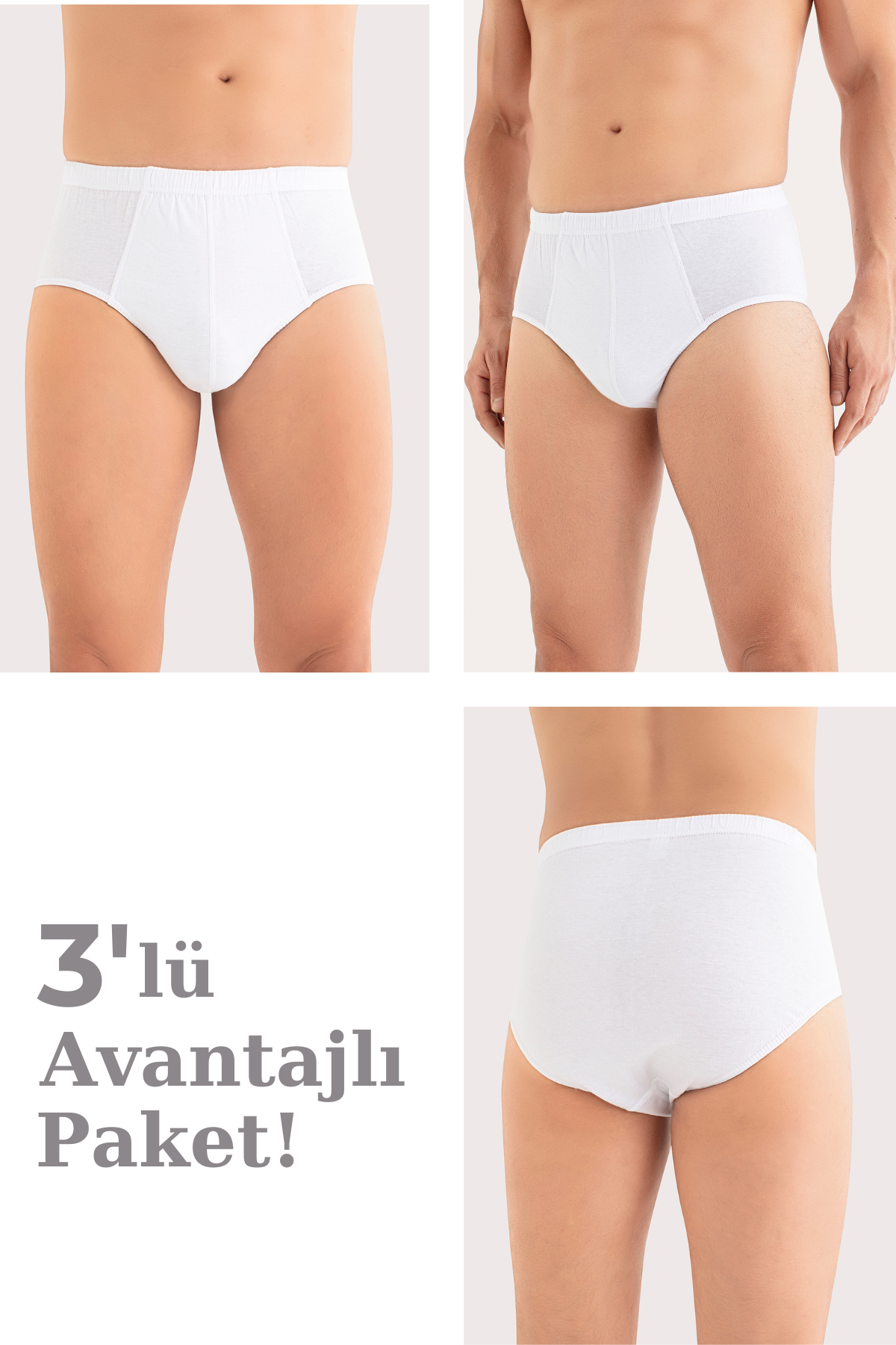 Erkek Pamuklu Külot Düz Beyaz Beli Lastikli 3'lü Paket