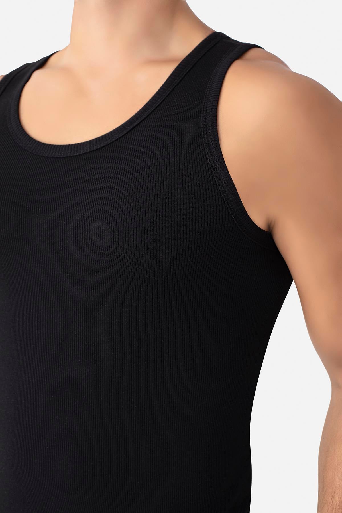 Erkek Siyah Fitilli Atlet Pamuklu Likralı Kaşkorse Halter Yaka Slim Fit Atlet
