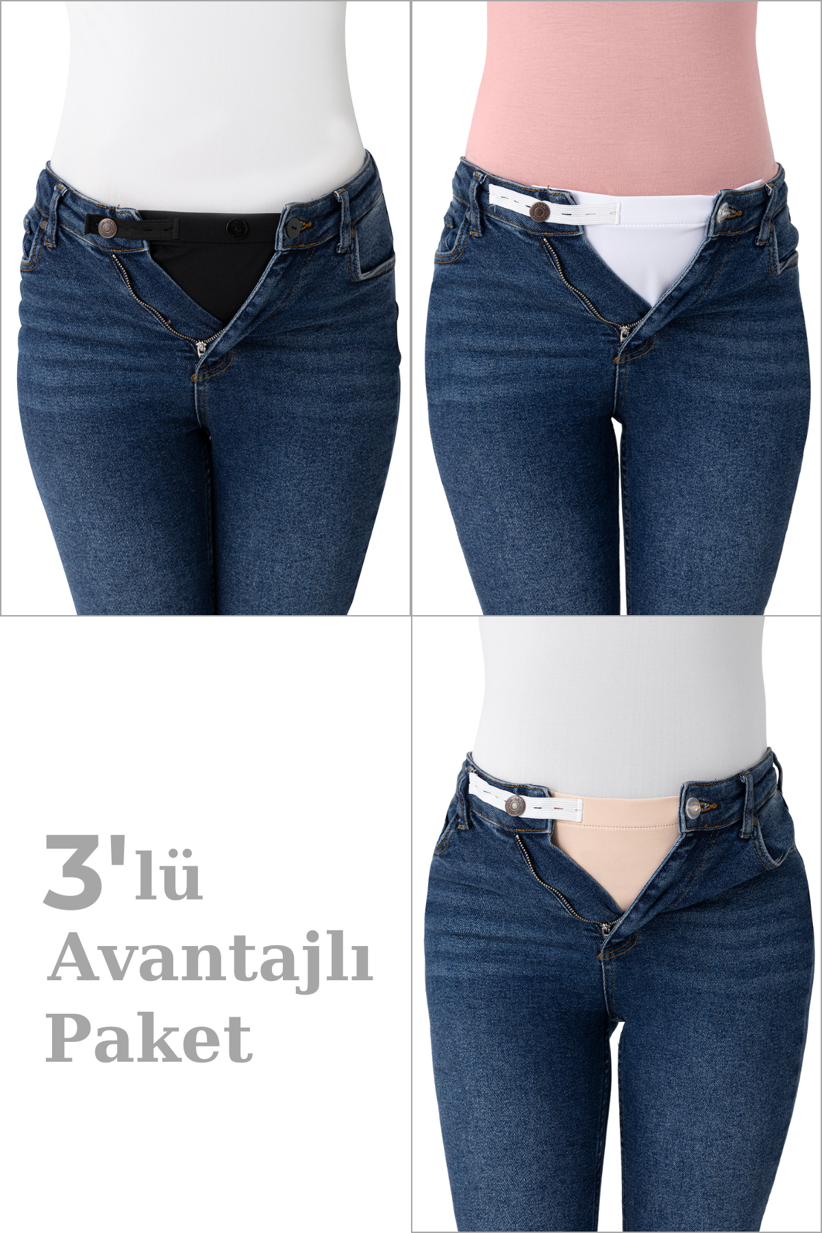 Hamile Pantolon Bel Genişletici - Kadın Pantolon Genişletici, 3'lü Paket Beyaz-Siyah-Ten