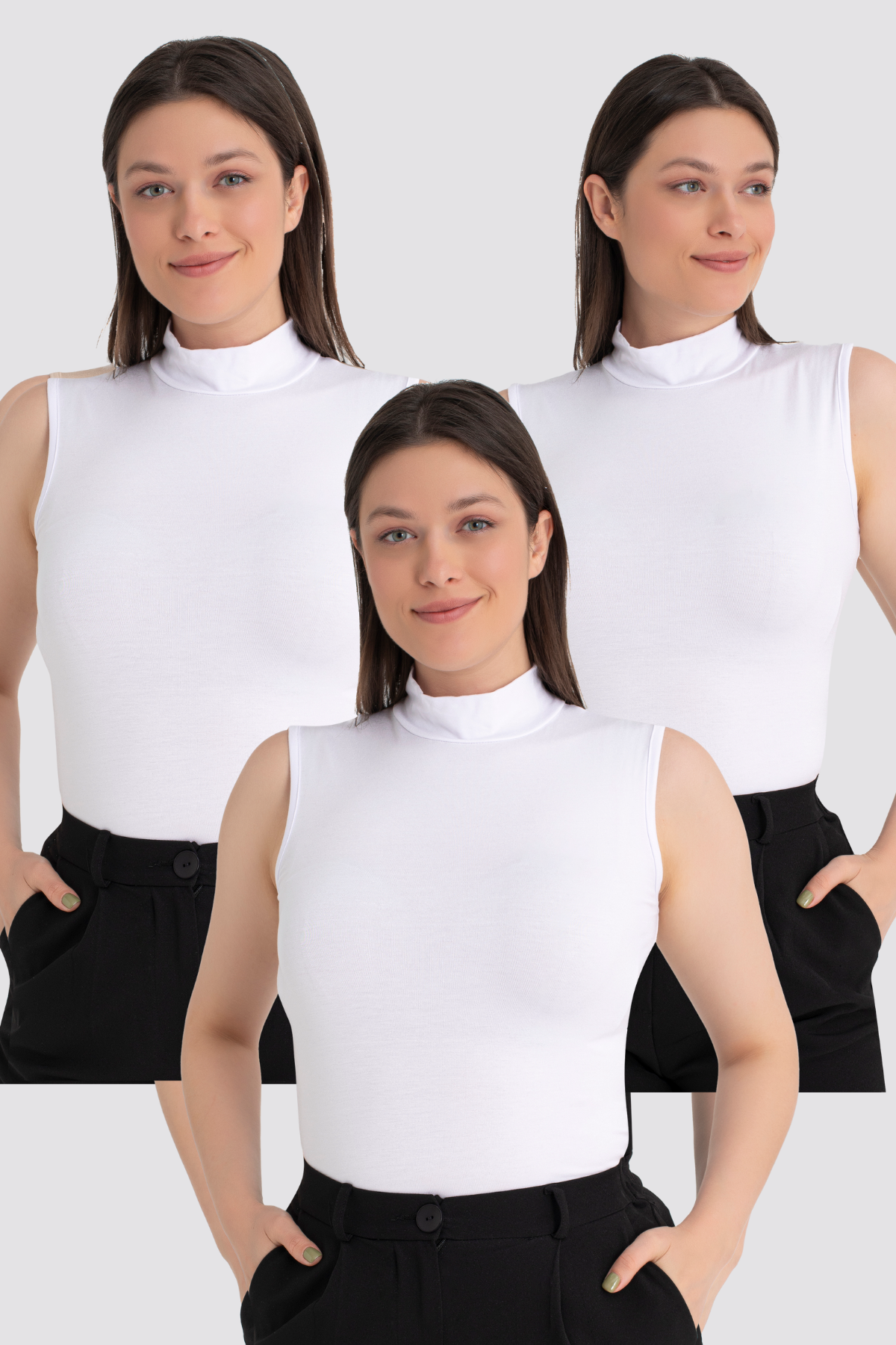 Kadın Beyaz Balıkçı Yaka Kolsuz Body 3'lü Paket